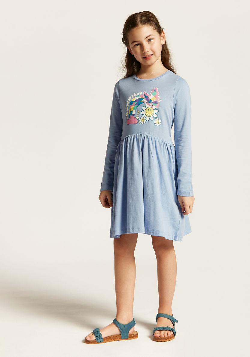 Smiley World Printed Round Neck A-line Dress with Long Sleeves-Dresses, Gowns & Frocks-image-1