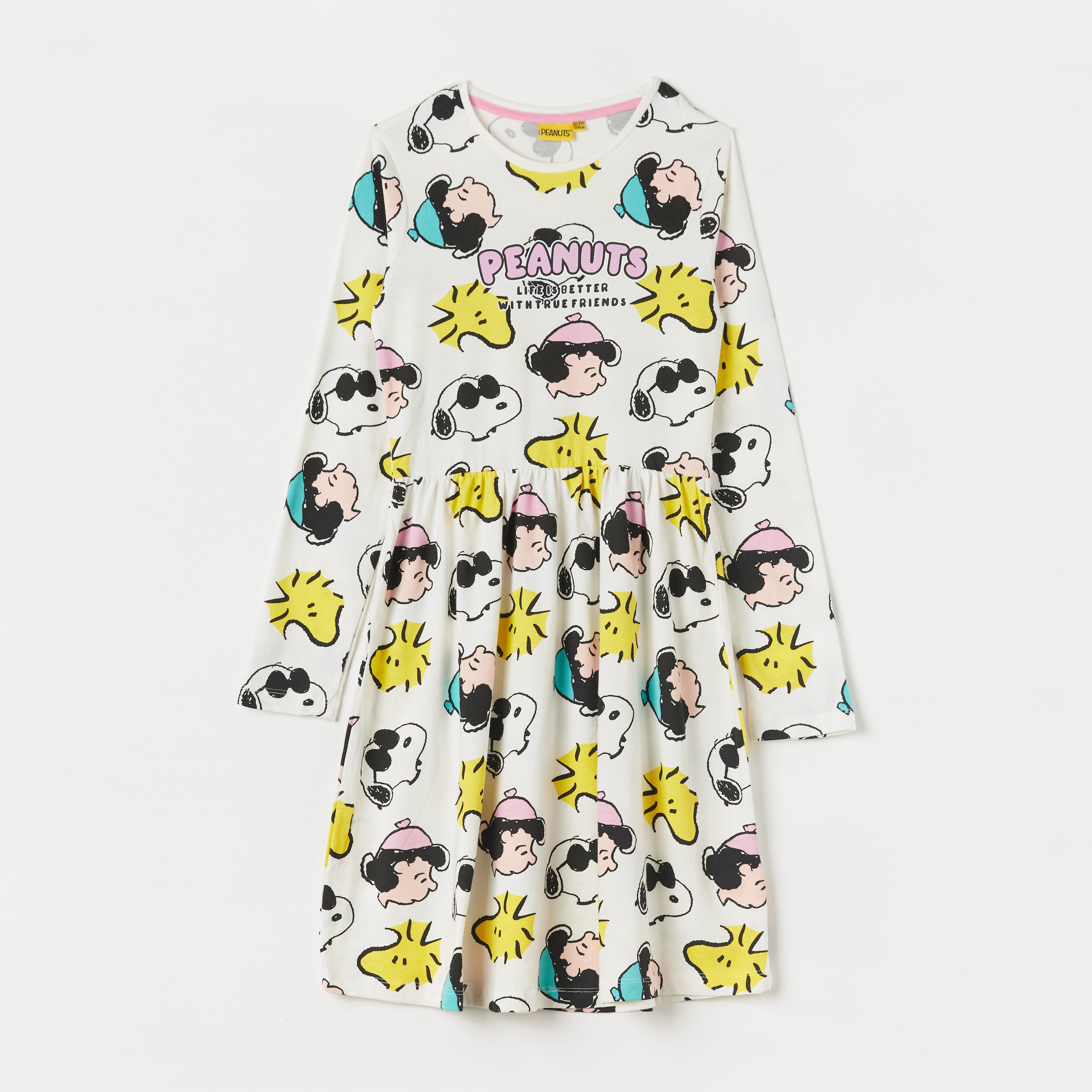 All Over Peanuts Print Round Neck A-line Dress with Long Sleeves-girls-clothing-dressesandjumpsuits-image-1