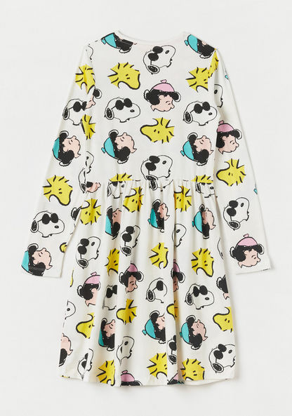 All Over Peanuts Print Round Neck A-line Dress with Long Sleeves