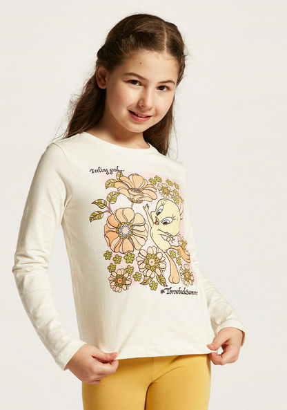 Tweety Print Crew Neck T-shirt with Long Sleeves
