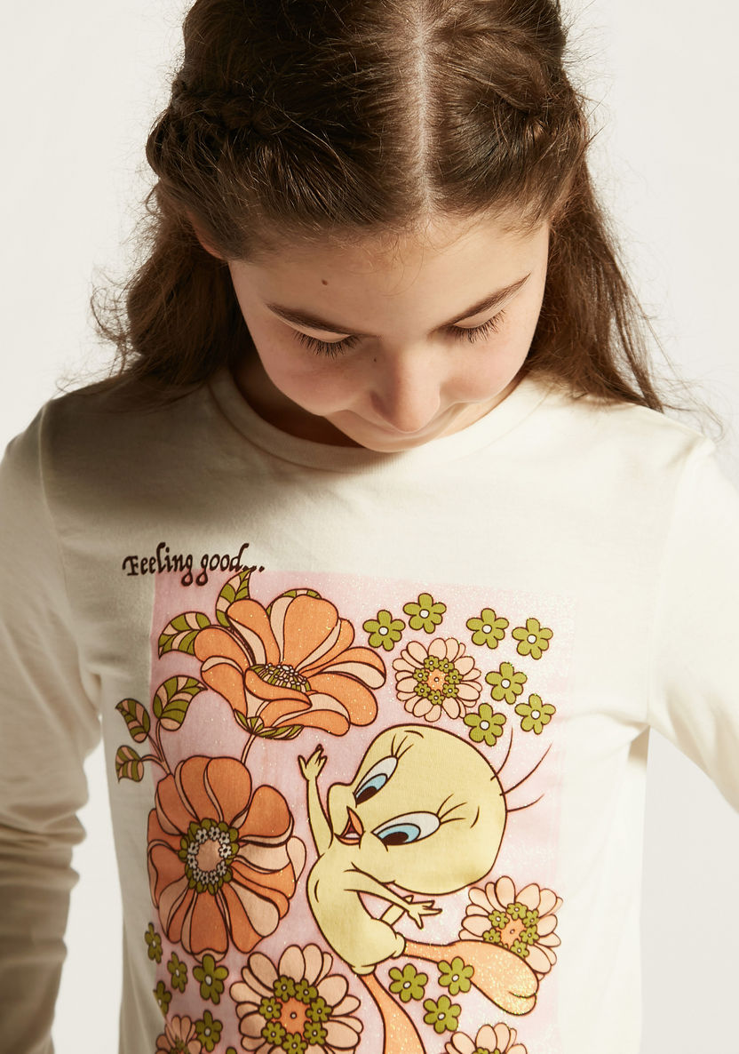 Tweety Print Crew Neck T-shirt with Long Sleeves-T Shirts-image-2