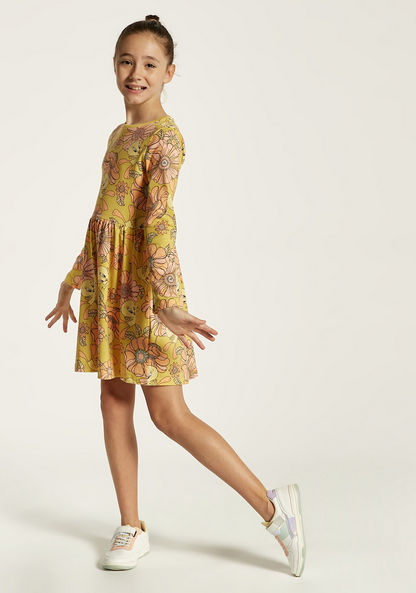 Tweety Print Dress with Round Neck and Long Sleeves