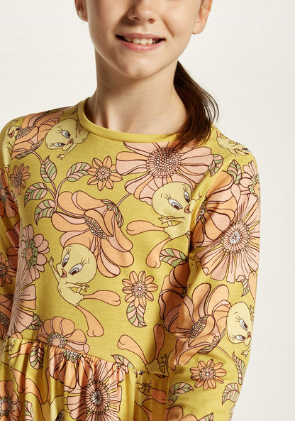 Tweety Print Dress with Round Neck and Long Sleeves-Dresses%2C Gowns and Frocks-image-2