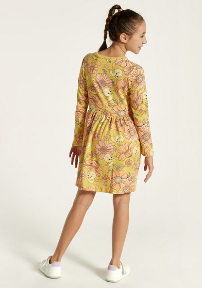 Tweety Print Dress with Round Neck and Long Sleeves-Dresses%2C Gowns and Frocks-image-3