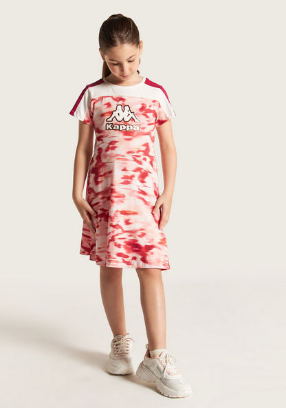 Kappa Embossed A-line Dress with Short Sleeves and Round Neck