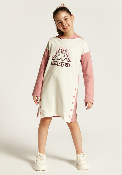 Kappa Logo Print Sweat Dress with Hood and Snap Buttons-Dresses%2C Gowns and Frocks-image-0