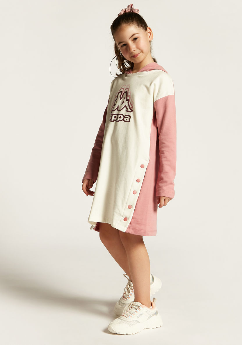 Kappa Logo Print Sweat Dress with Hood and Snap Buttons-Dresses, Gowns & Frocks-image-1