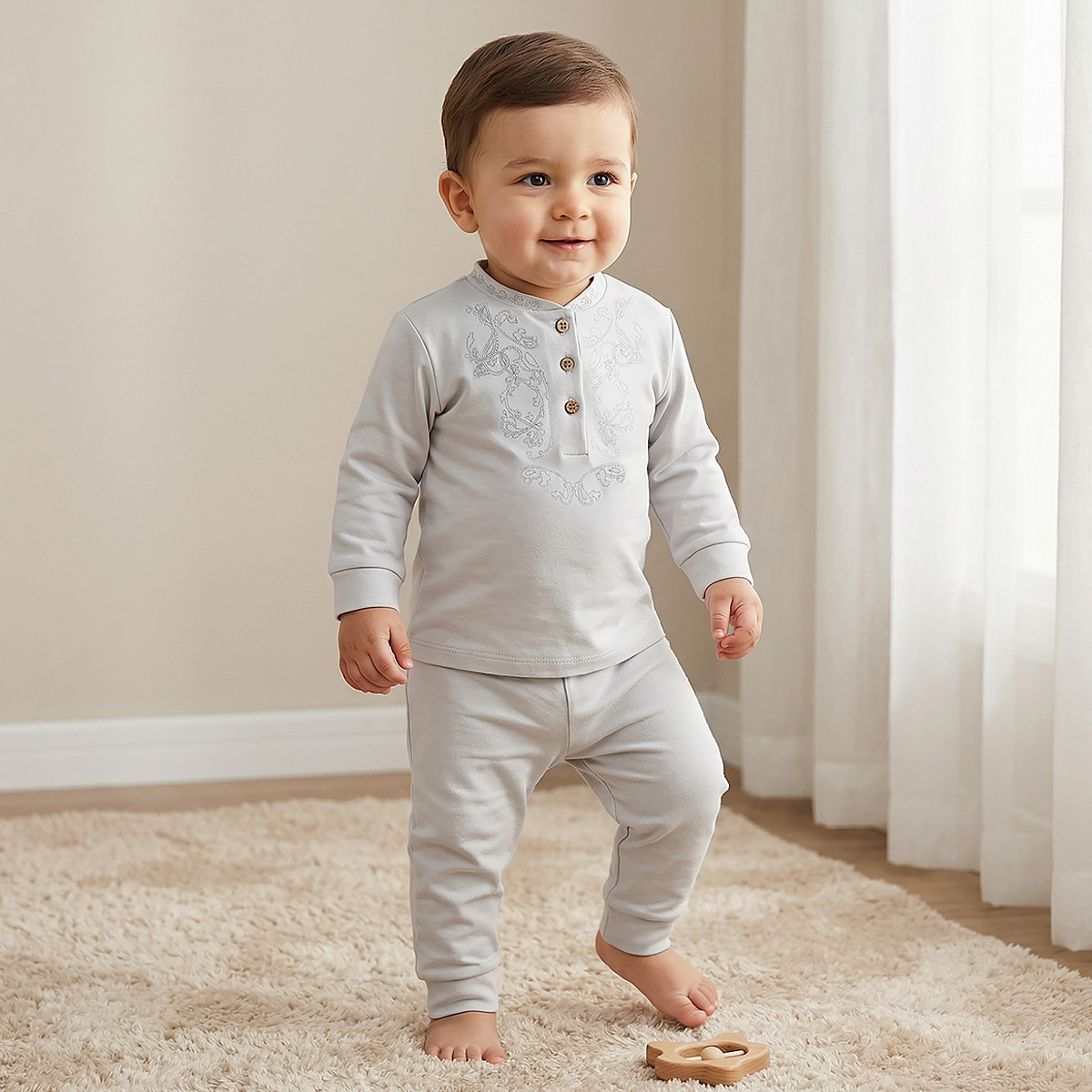 Giggles Cotton Mandarin Collar Long Sleeves Pyjama Set with Embroidery-baby-boys-clothing-nightwear-pyjamasets-image-1