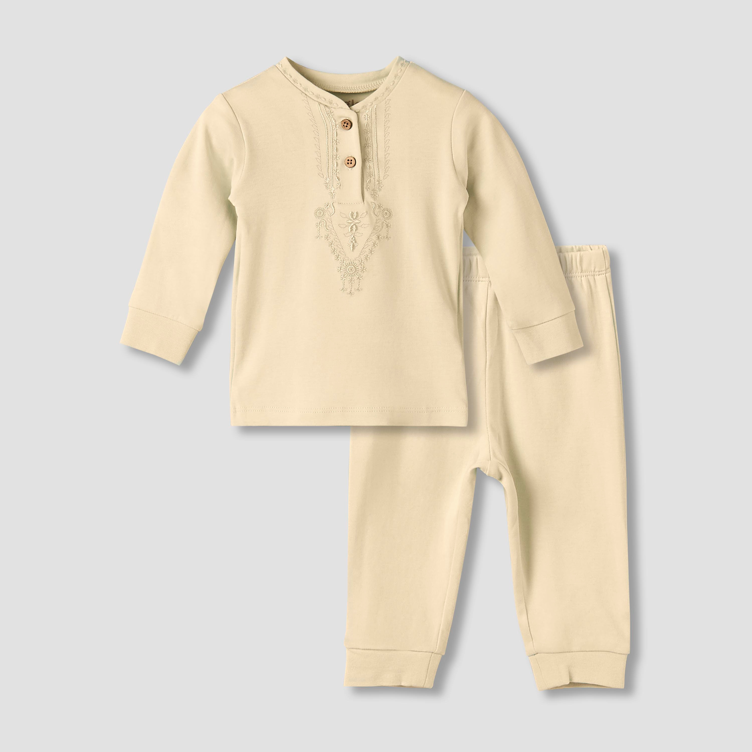 طقم بيجاما قطن بأكمام طويلة ورقبة ماندارين وتطريز من جيجلز-baby-boys-clothing-nightwear-pyjamasets-image-2