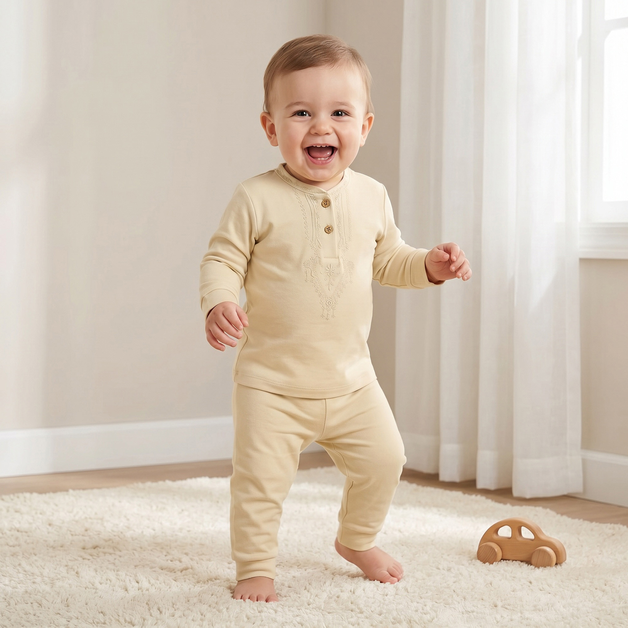 طقم بيجاما قطن بأكمام طويلة ورقبة ماندارين وتطريز من جيجلز-baby-boys-clothing-nightwear-pyjamasets-image-1