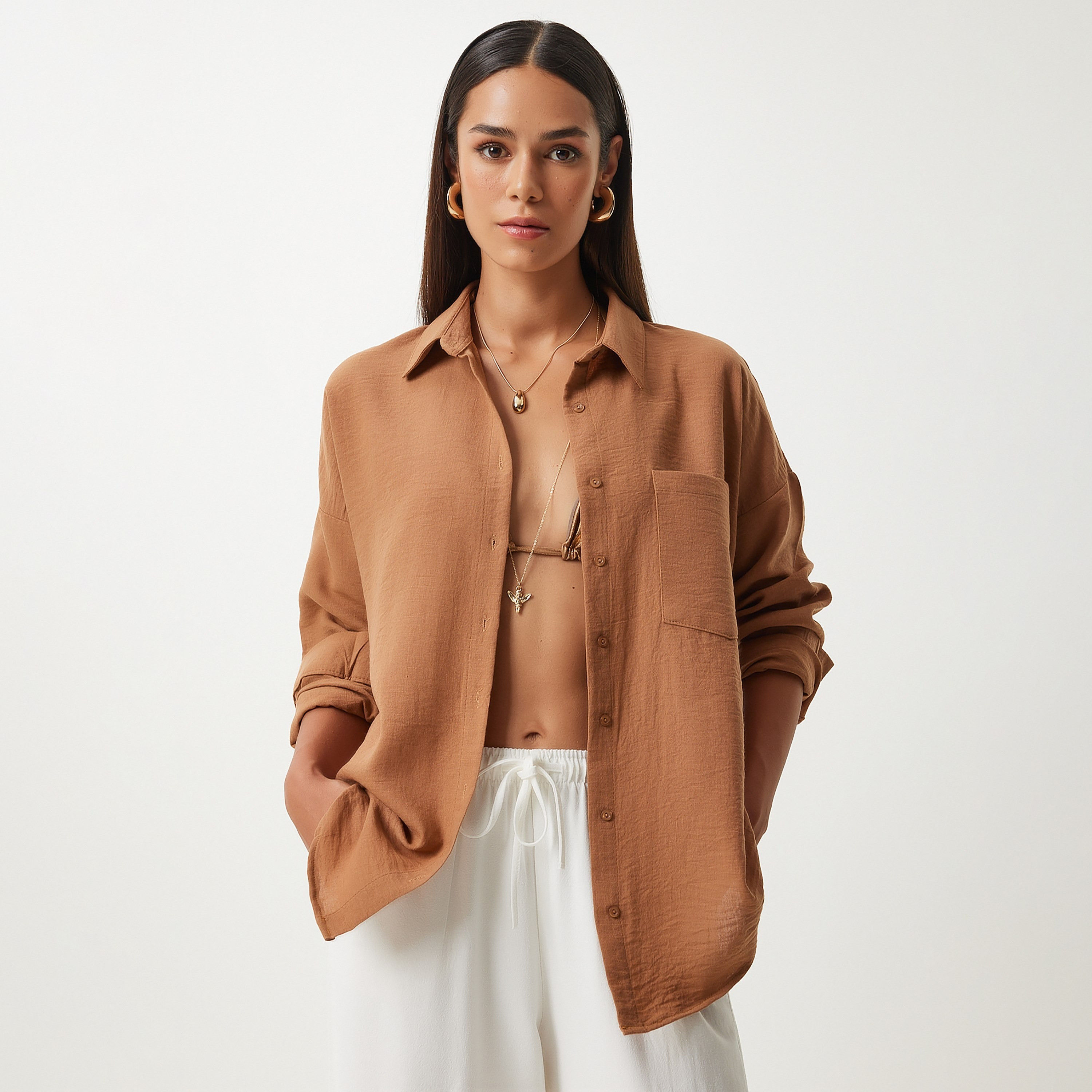 السعادة إسطنبول الكتان بياقة أكمام منخفضة قميص نسائي-women-clothing-shirtsandblouses-shirts-image-1
