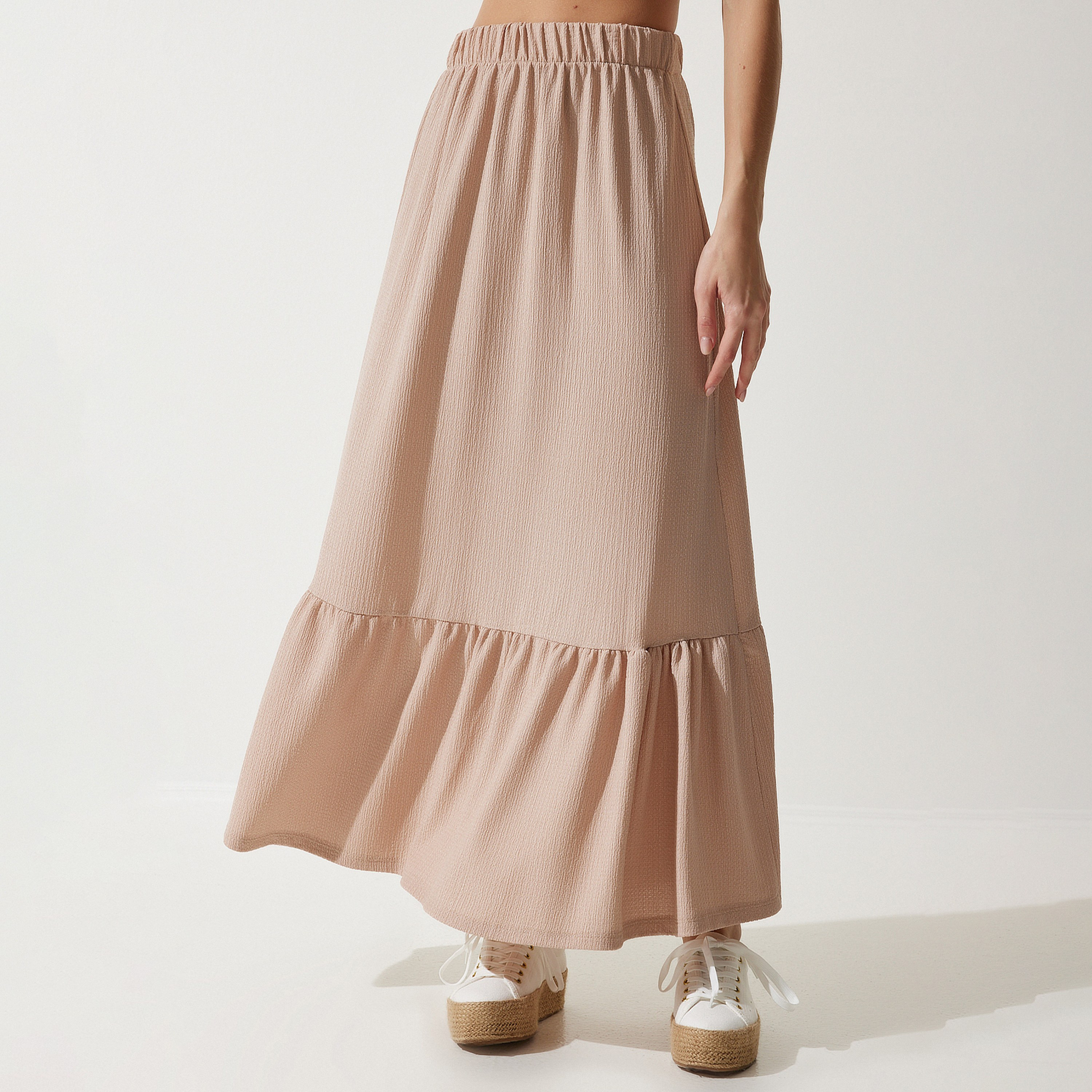 Happiness Istanbul Beige Textured Tiered Women's Maxi Skirt-women-clothing-bottoms-skirts-image-1