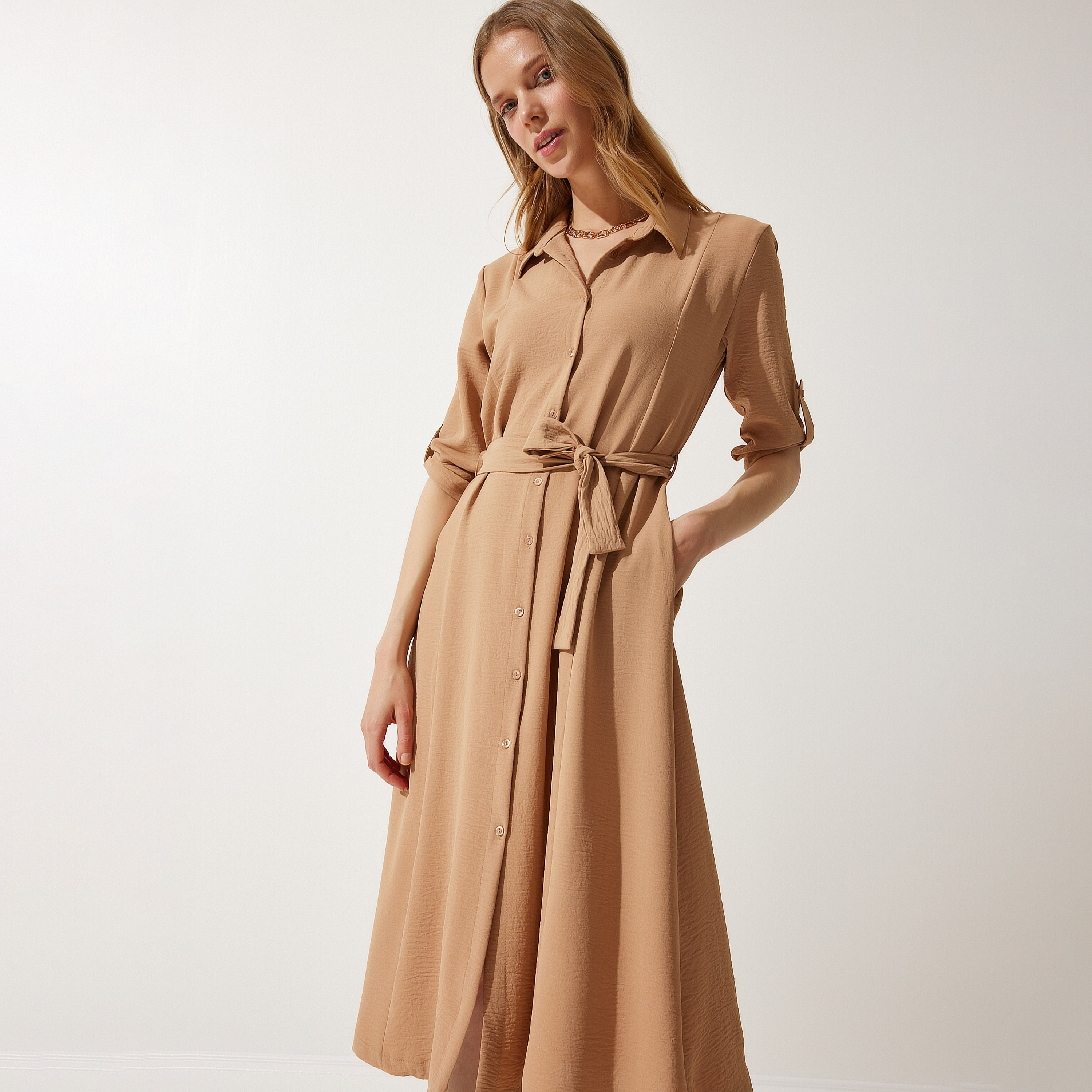 قميص سعادة، إسطنبول ذو ياقة بأكمام مطفوفة، فستان نسائي ميدي-women-clothing-dresses-image-2