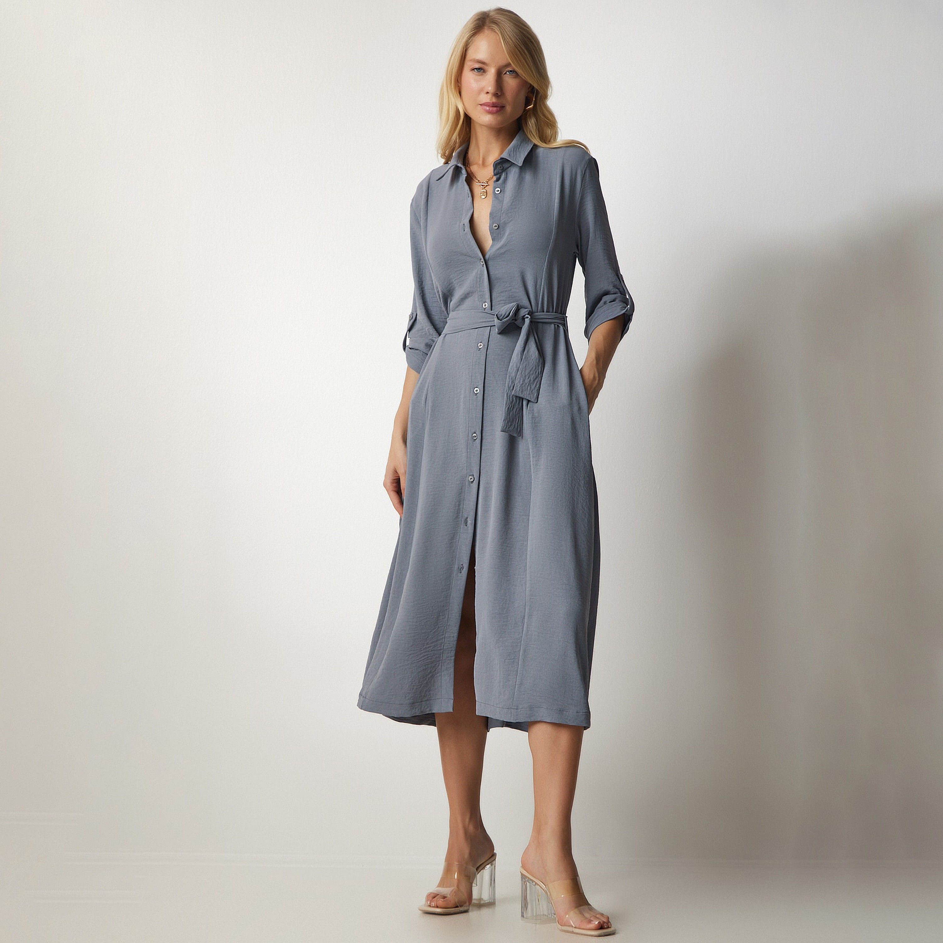 قميص سعادة، إسطنبول ذو ياقة بأكمام مطفوفة، فستان نسائي ميدي-women-clothing-dresses-image-6