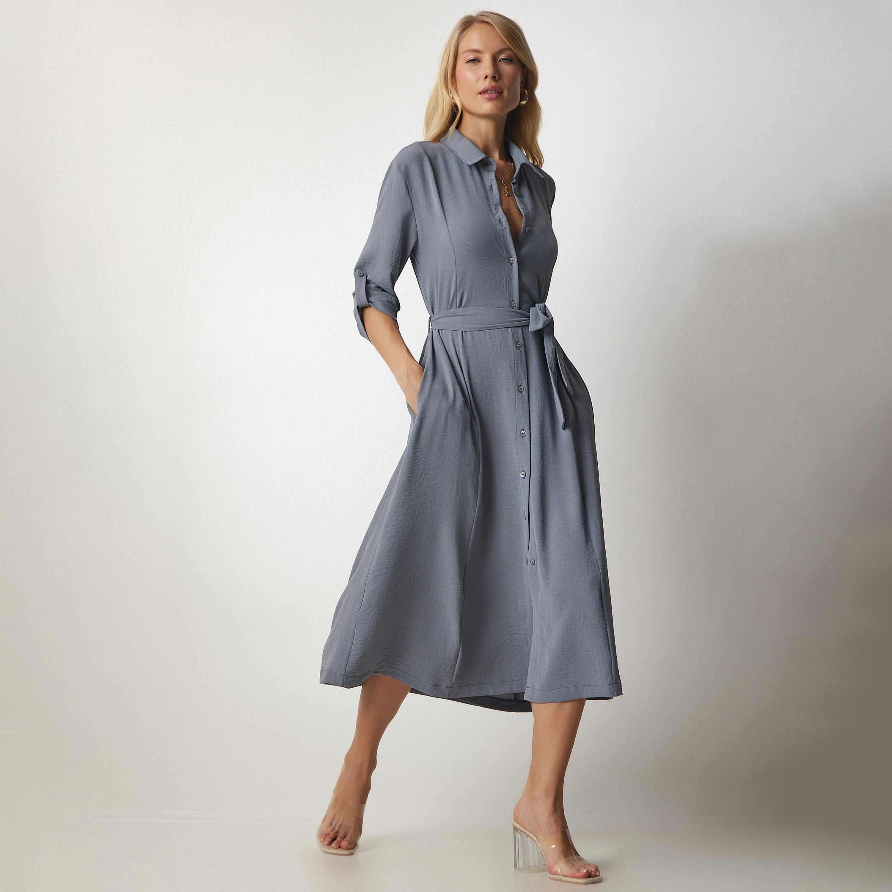 قميص سعادة، إسطنبول ذو ياقة بأكمام مطفوفة، فستان نسائي ميدي-women-clothing-dresses-image-7