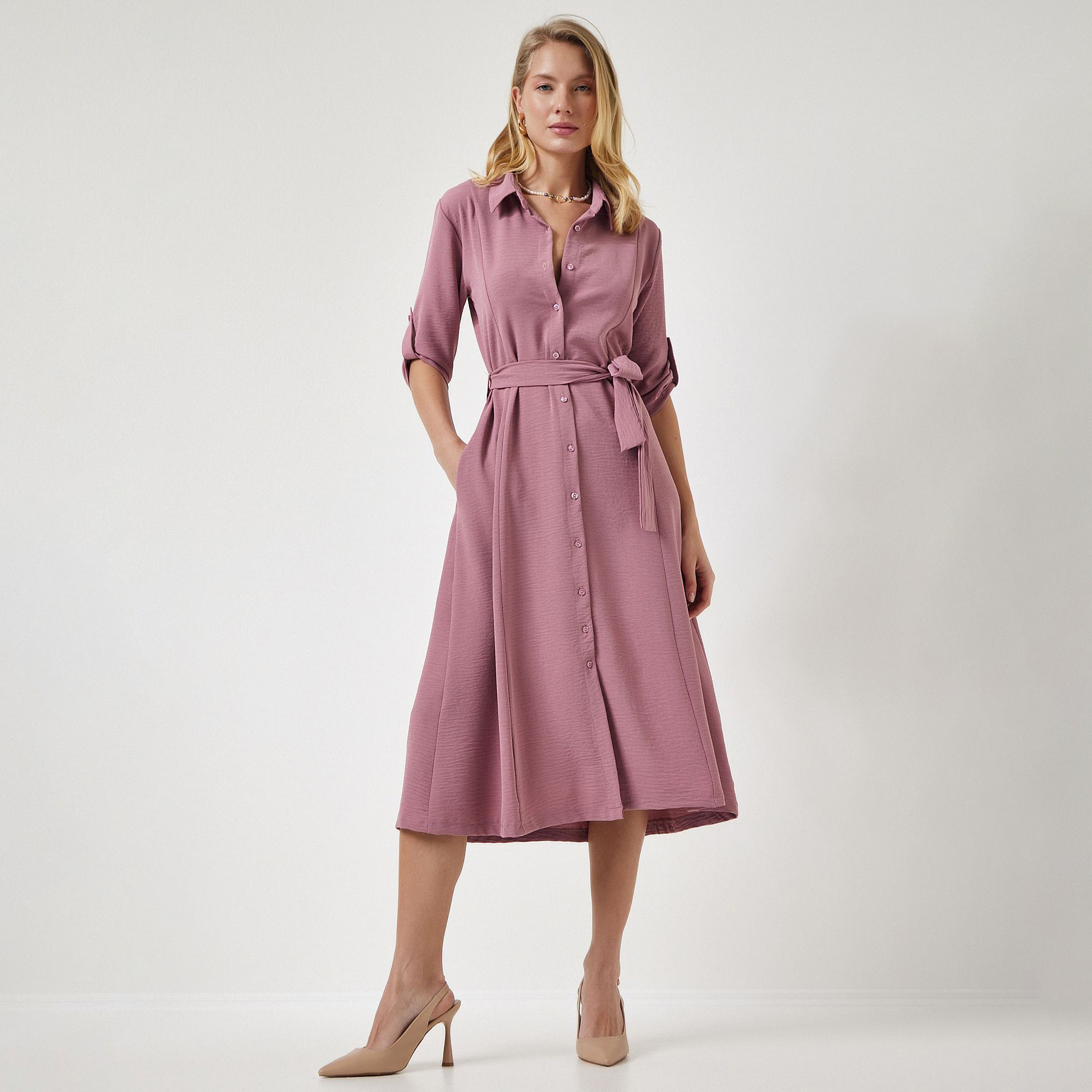 قميص سعادة، إسطنبول ذو ياقة بأكمام مطفوفة، فستان نسائي ميدي-women-clothing-dresses-image-10