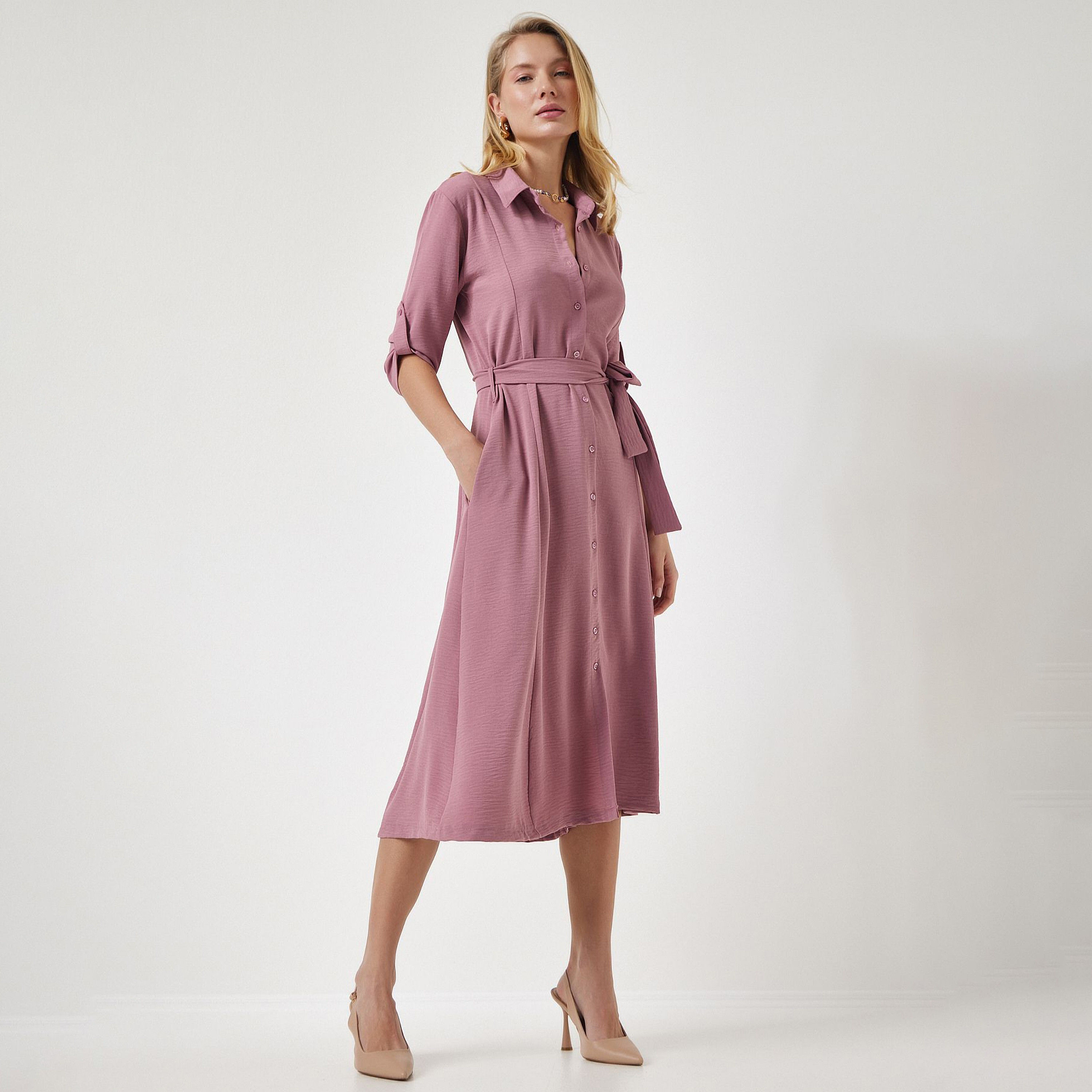 قميص سعادة، إسطنبول ذو ياقة بأكمام مطفوفة، فستان نسائي ميدي-women-clothing-dresses-image-11