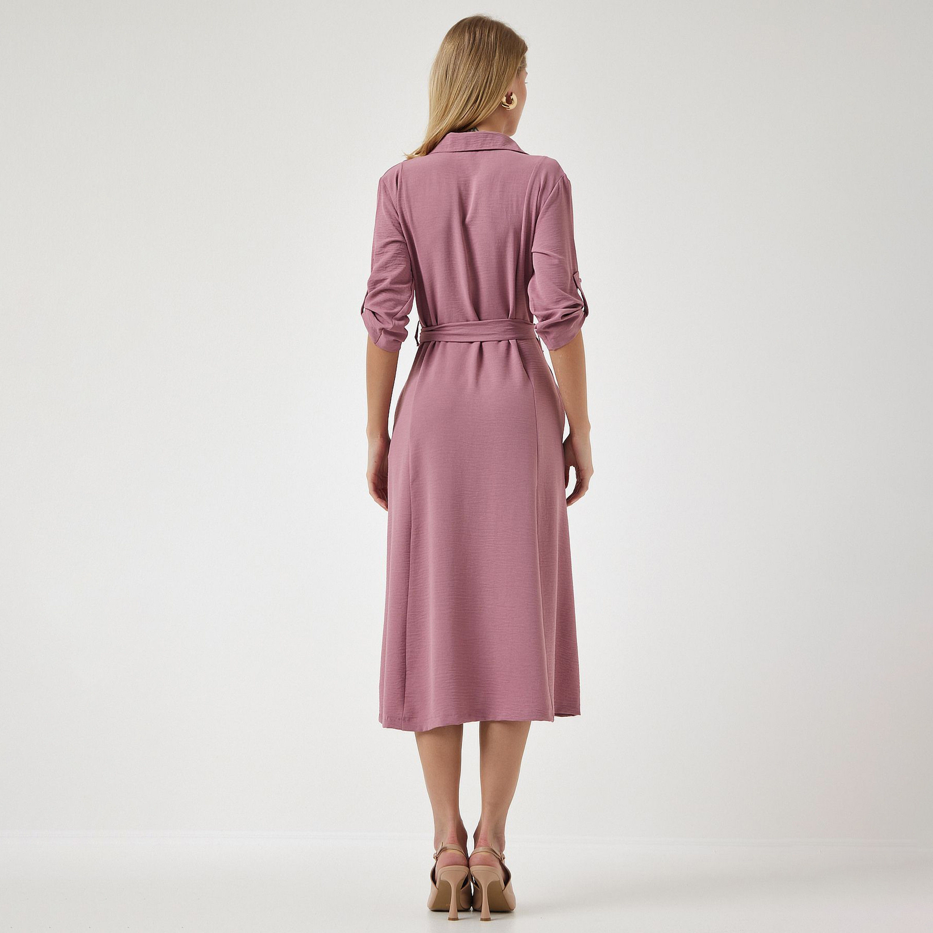 قميص سعادة، إسطنبول ذو ياقة بأكمام مطفوفة، فستان نسائي ميدي-women-clothing-dresses-image-12