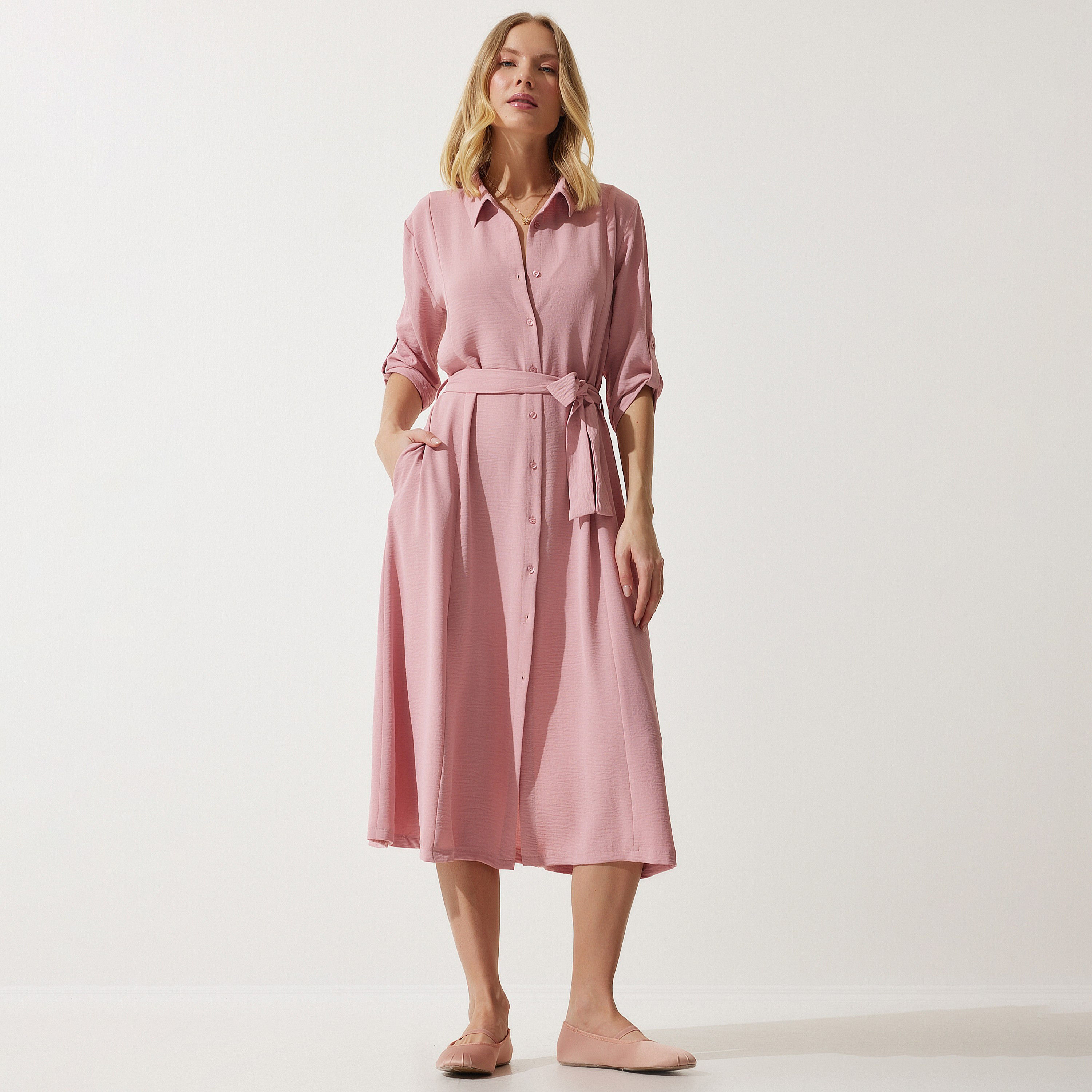 قميص سعادة، إسطنبول ذو ياقة بأكمام مطفوفة، فستان نسائي ميدي-women-clothing-dresses-image-14