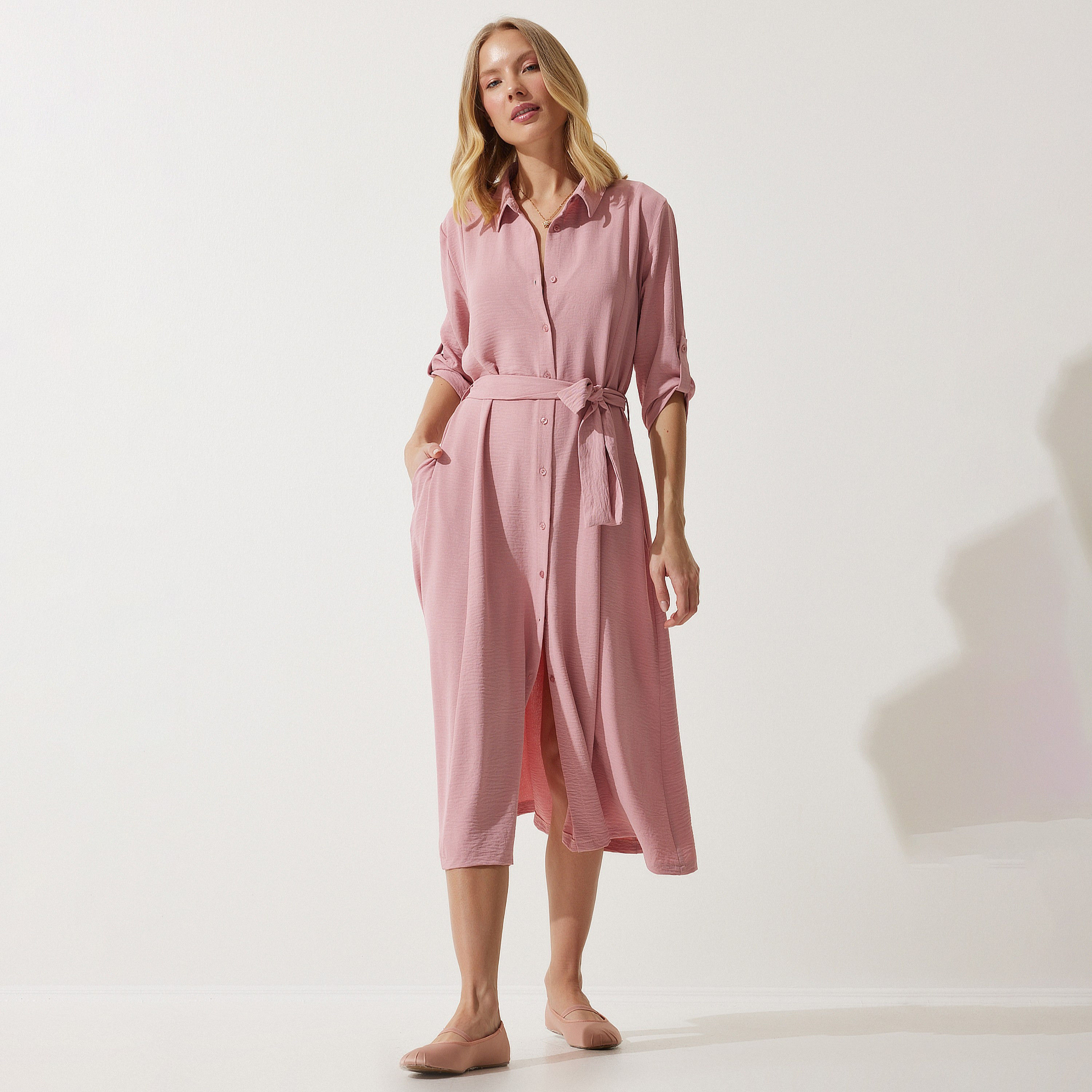 قميص سعادة، إسطنبول ذو ياقة بأكمام مطفوفة، فستان نسائي ميدي-women-clothing-dresses-image-15