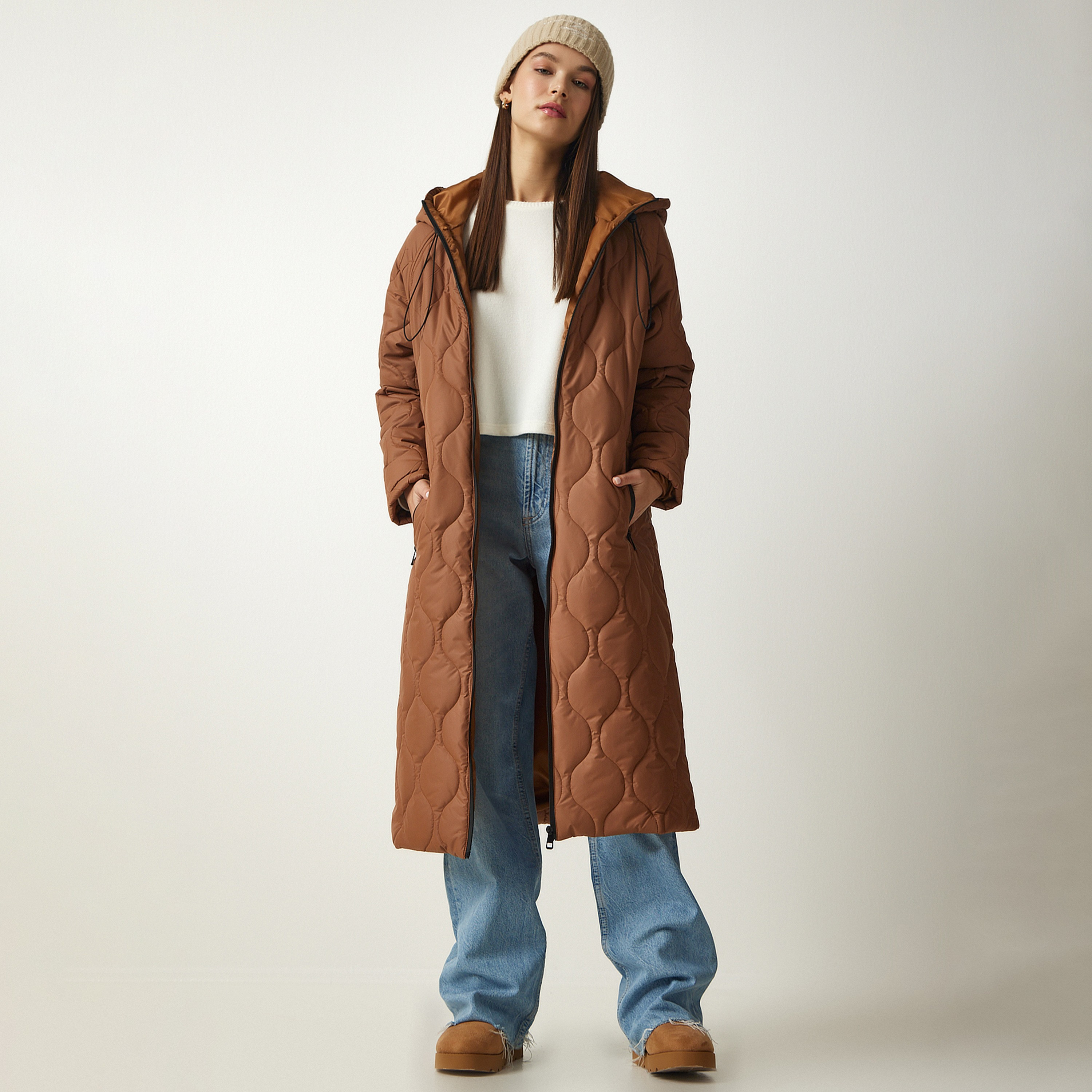 Happiness Istanbul Hooded Neck Brown Women's Quilted Jacket-women-winterwear-hoodiesandsweatshirts-hoodies-image-2