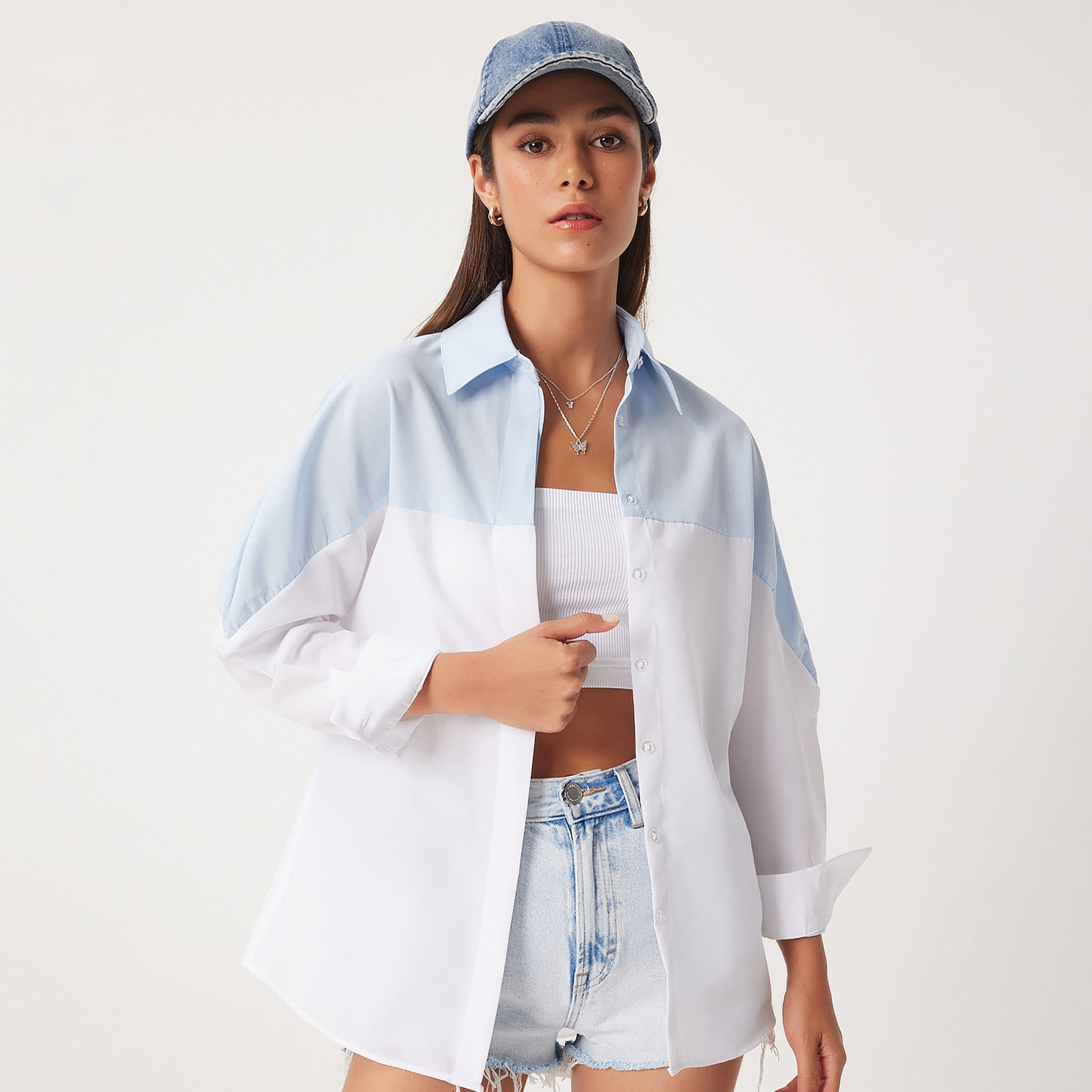 سعادة إسطنبول بلون محجوز بياقة أكمام منخفضة قميص نسائي أزرق وأبيض-women-clothing-shirtsandblouses-shirts-image-1