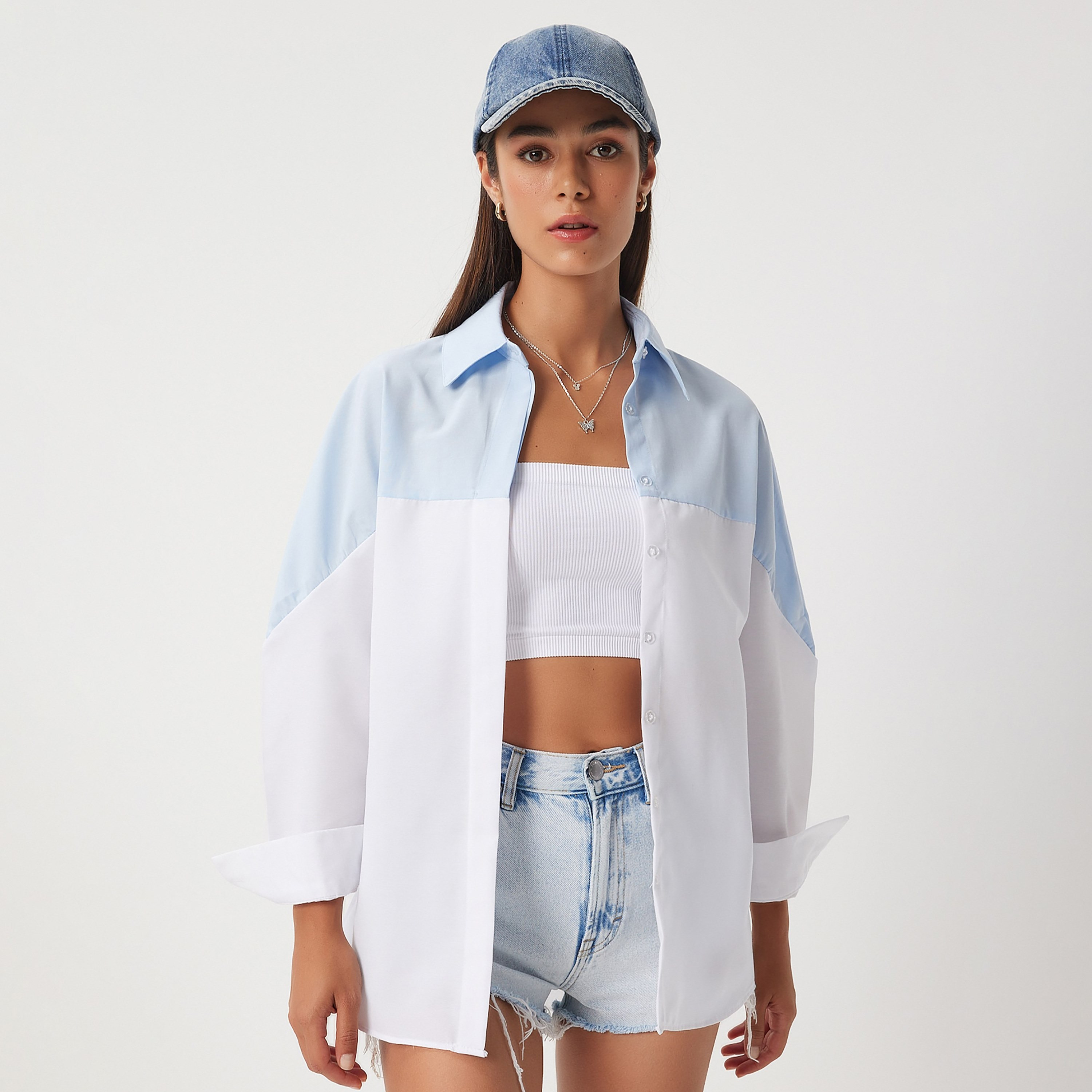سعادة إسطنبول بلون محجوز بياقة أكمام منخفضة قميص نسائي أزرق وأبيض-women-clothing-shirtsandblouses-shirts-image-2