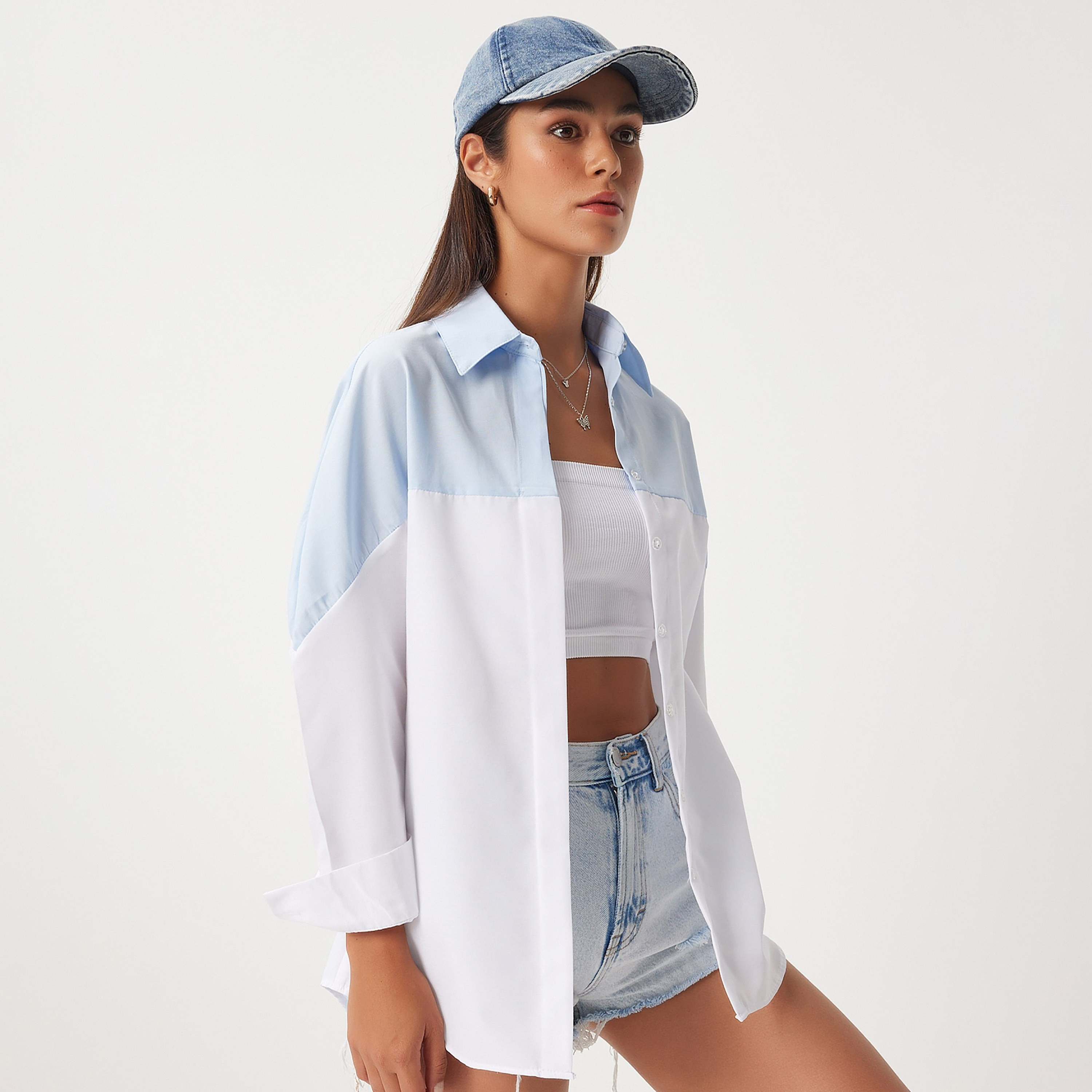 سعادة إسطنبول بلون محجوز بياقة أكمام منخفضة قميص نسائي أزرق وأبيض-women-clothing-shirtsandblouses-shirts-image-3