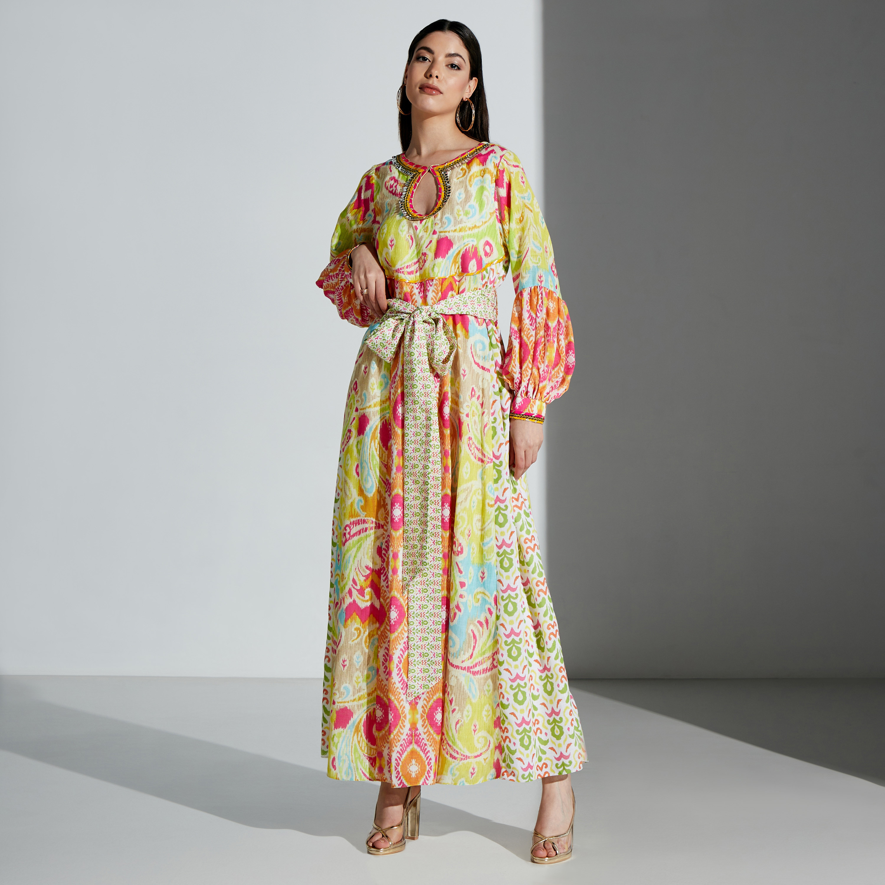 Nirraamyaa All-Over Print Maxi Dress with Tie-Up Belt-women-arabicclothing-kaftan-image-1