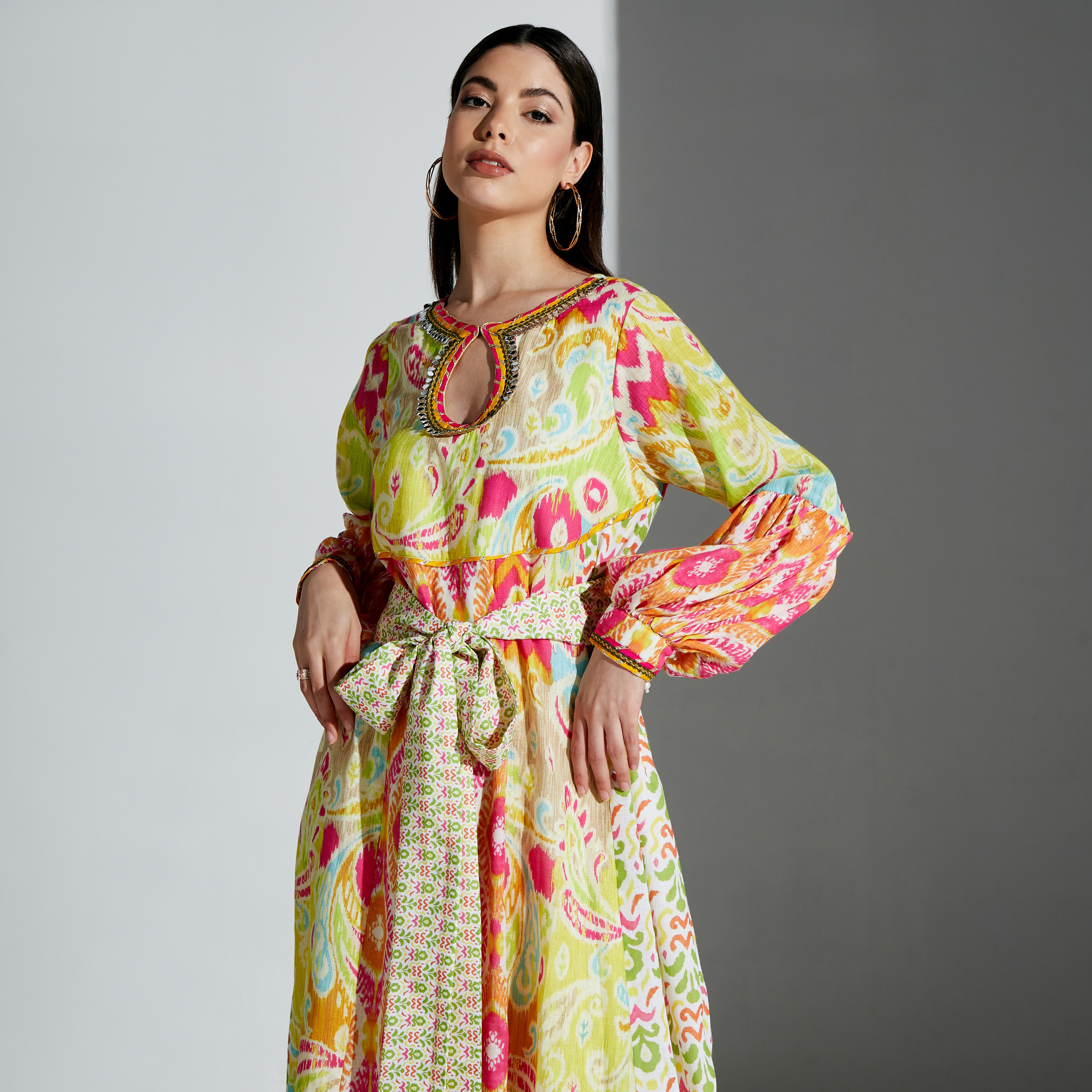 Nirraamyaa All-Over Print Maxi Dress with Tie-Up Belt-women-arabicclothing-kaftan-image-2