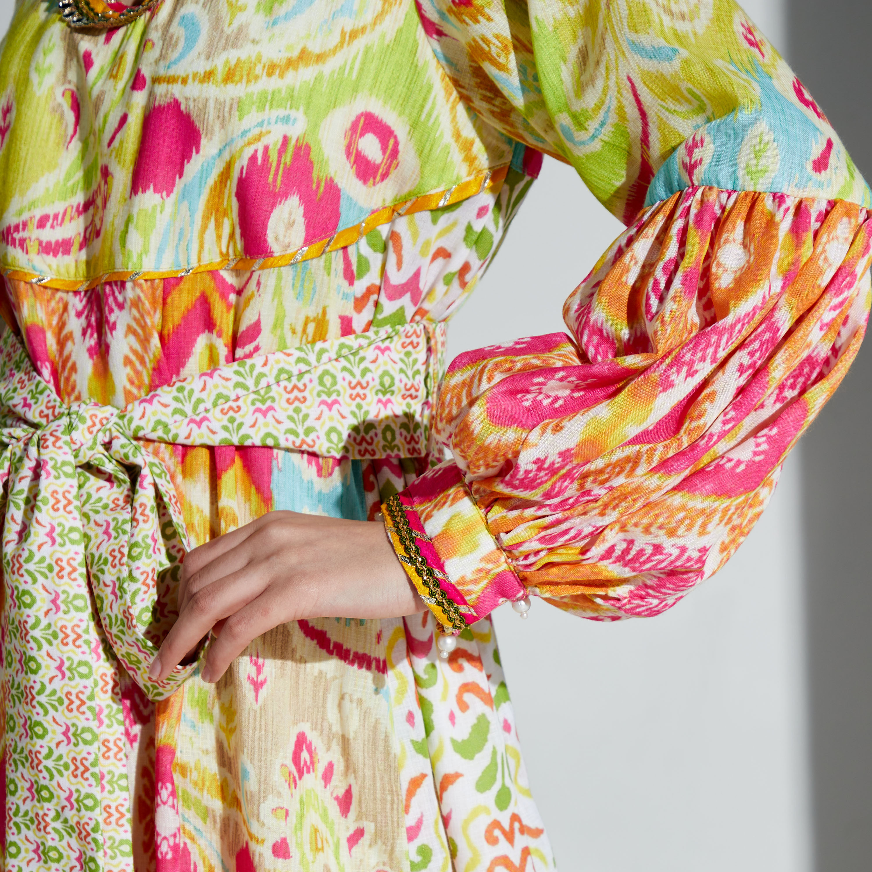 Nirraamyaa All-Over Print Maxi Dress with Tie-Up Belt-women-arabicclothing-kaftan-image-3