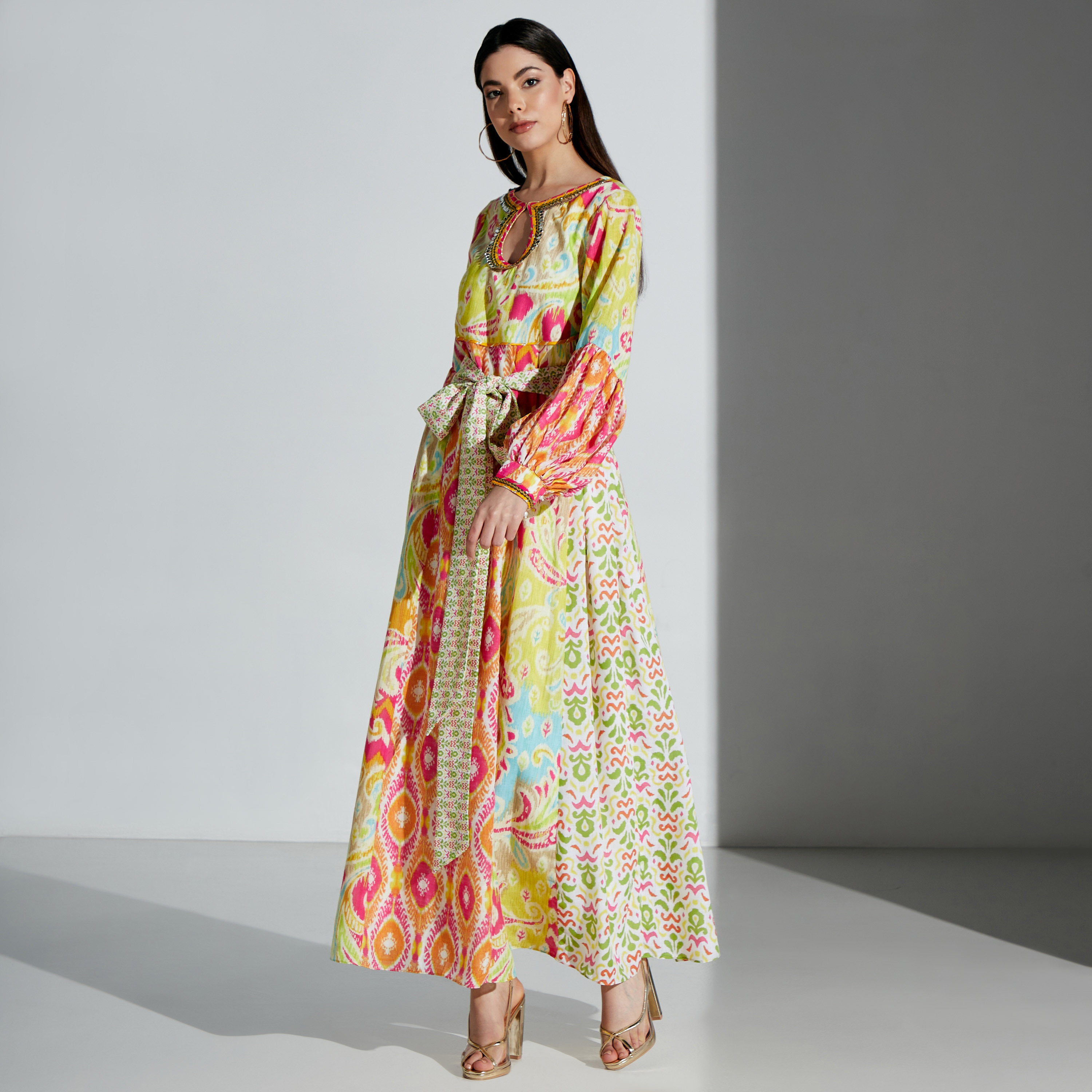 Nirraamyaa All-Over Print Maxi Dress with Tie-Up Belt-women-arabicclothing-kaftan-image-4