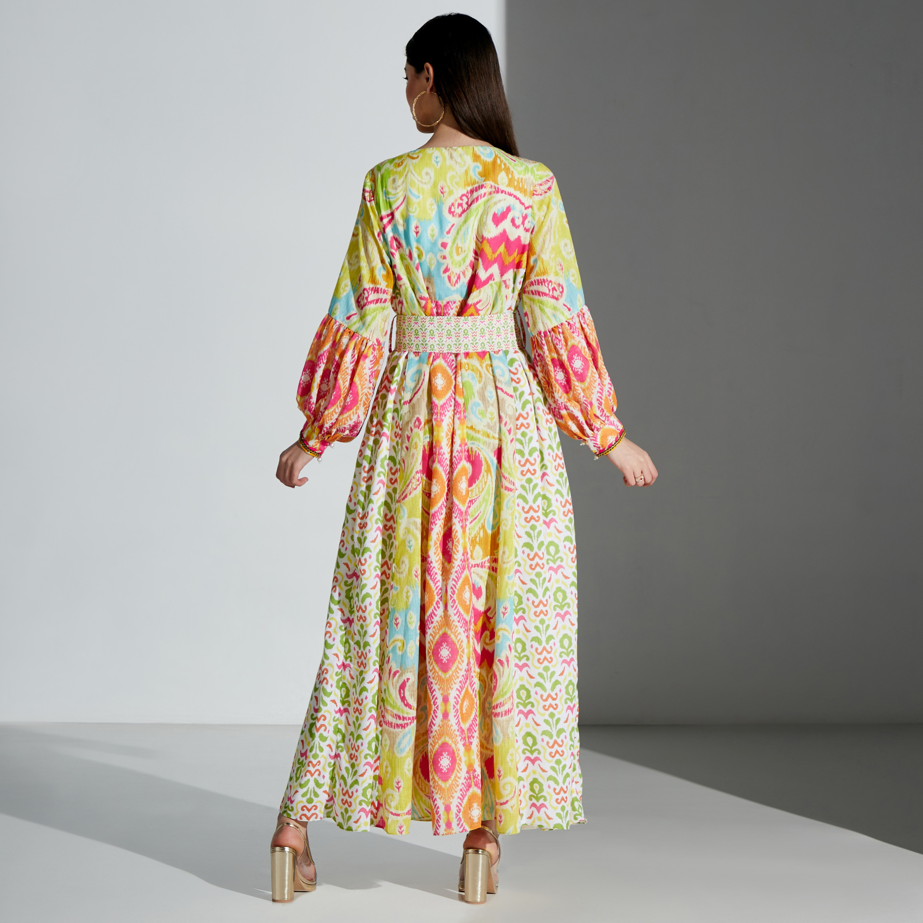 Nirraamyaa All-Over Print Maxi Dress with Tie-Up Belt-women-arabicclothing-kaftan-image-5