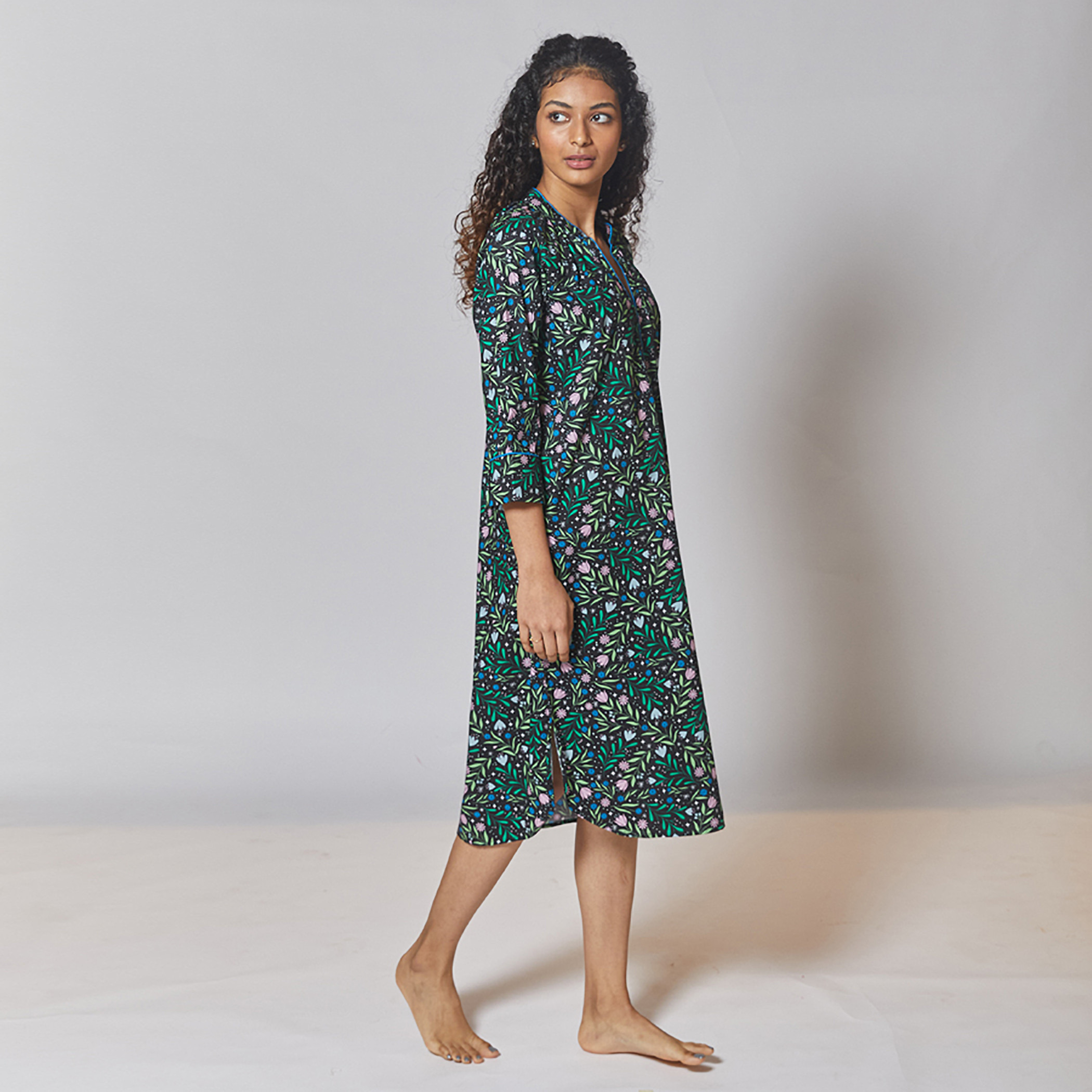 Dandelion Printed Mandarin Neck Sleep Dress-women-clothing-nightwear-nighties-image-3