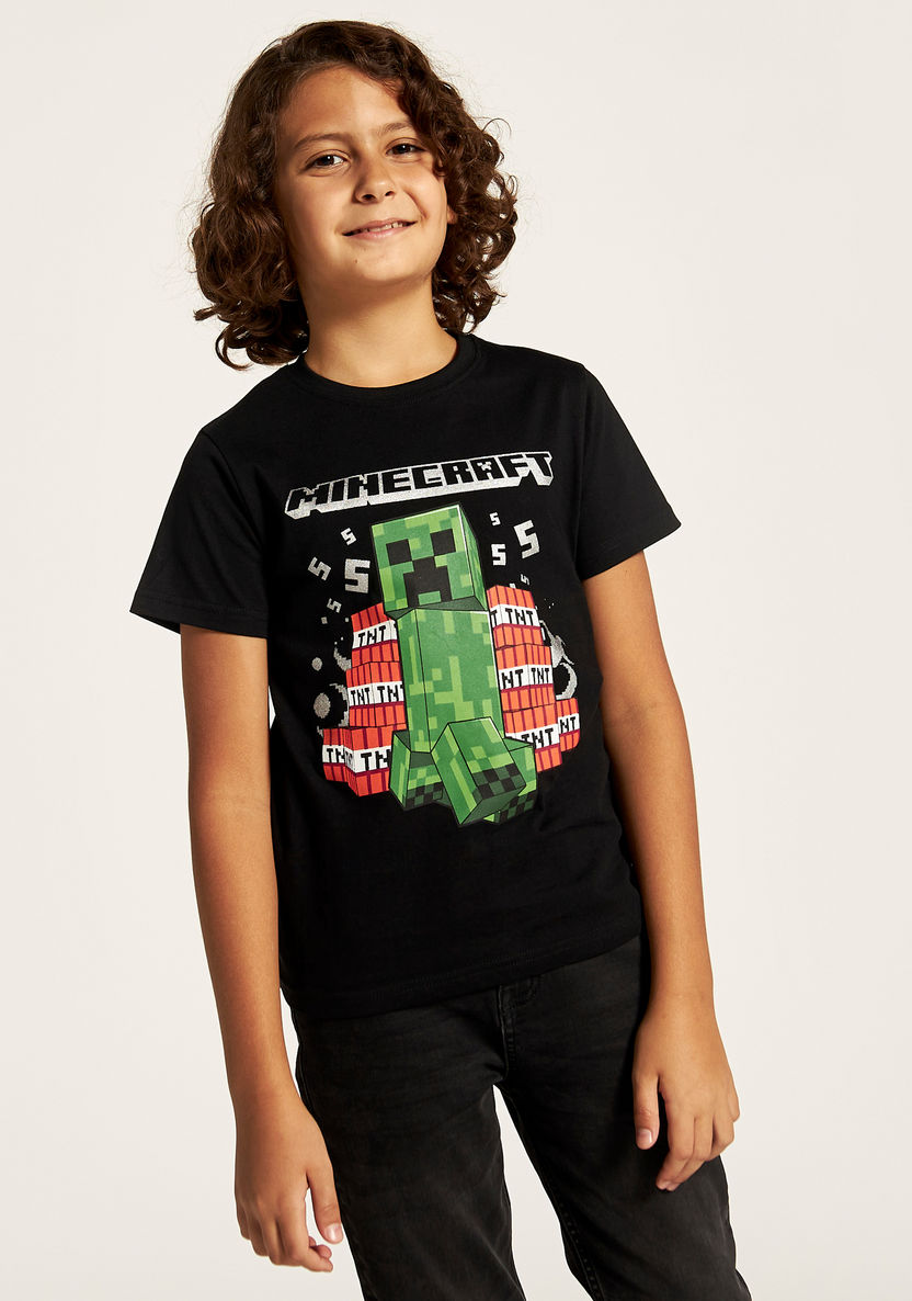 Minecraft Printed Crew Neck T-shirt with Short Sleeves-T Shirts-image-1