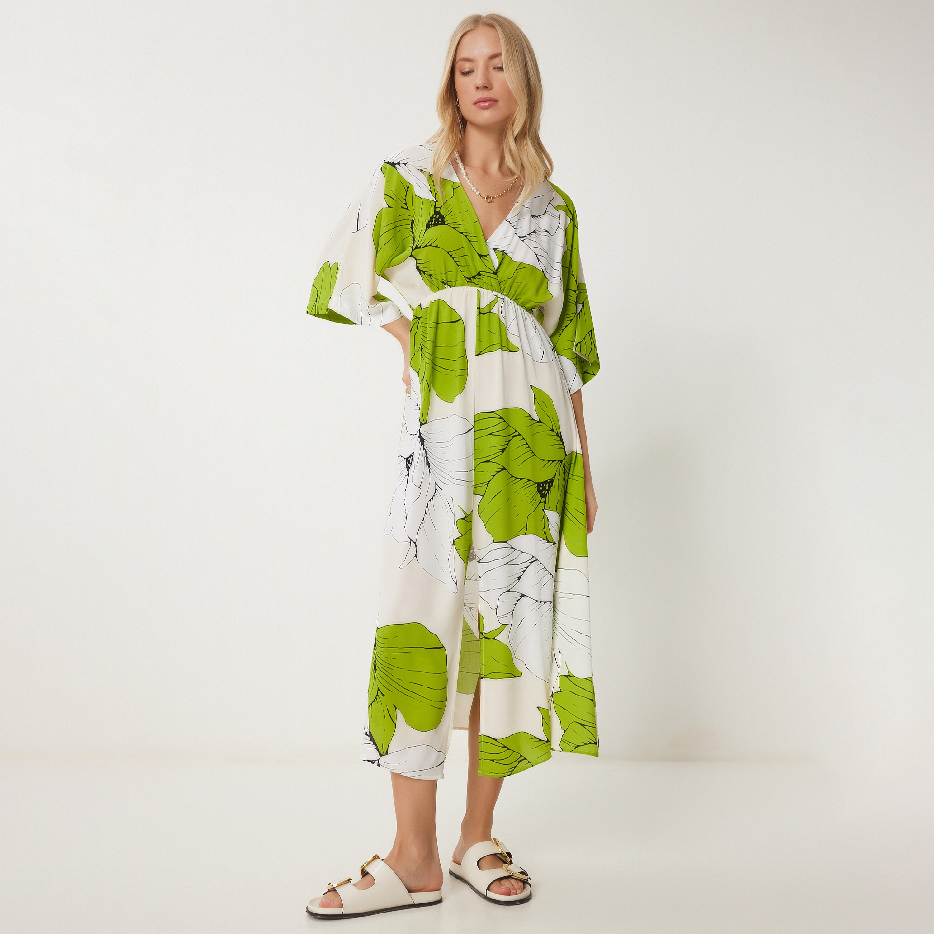 Happiness Istanbul Floral Print Viscose Wide Sleeves Slit Green Women's Midi Dress-women-clothing-dresses-image-1