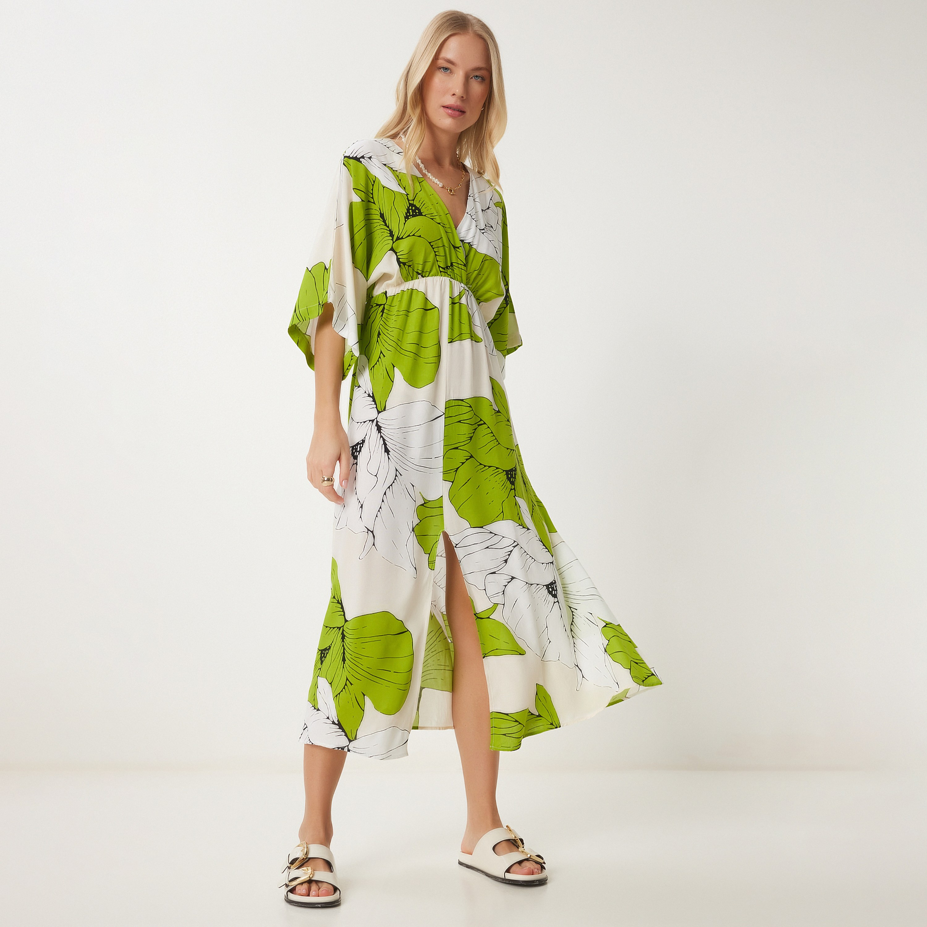 Happiness Istanbul Floral Print Viscose Wide Sleeves Slit Green Women's Midi Dress-women-clothing-dresses-image-2