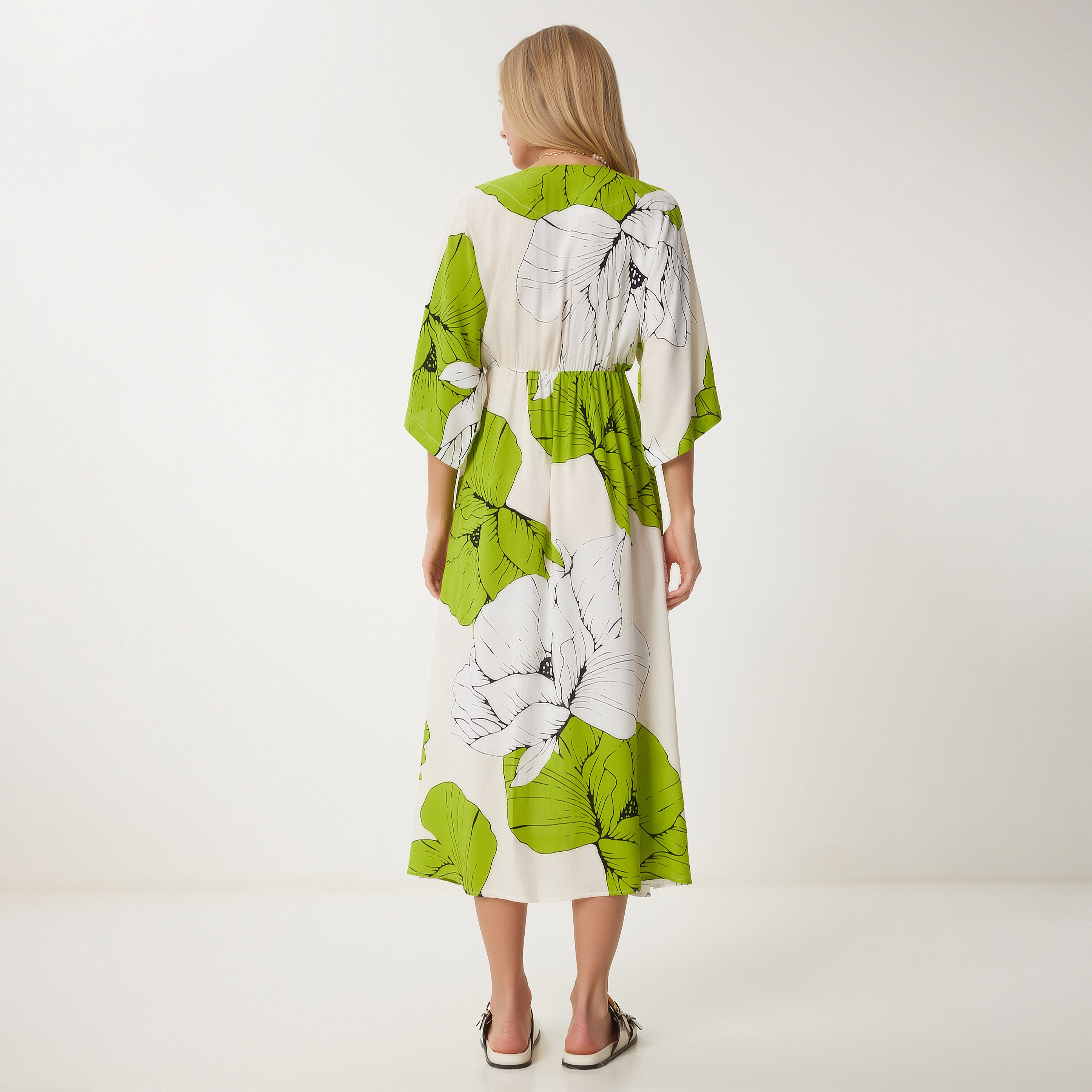Happiness Istanbul Floral Print Viscose Wide Sleeves Slit Green Women's Midi Dress-women-clothing-dresses-image-3