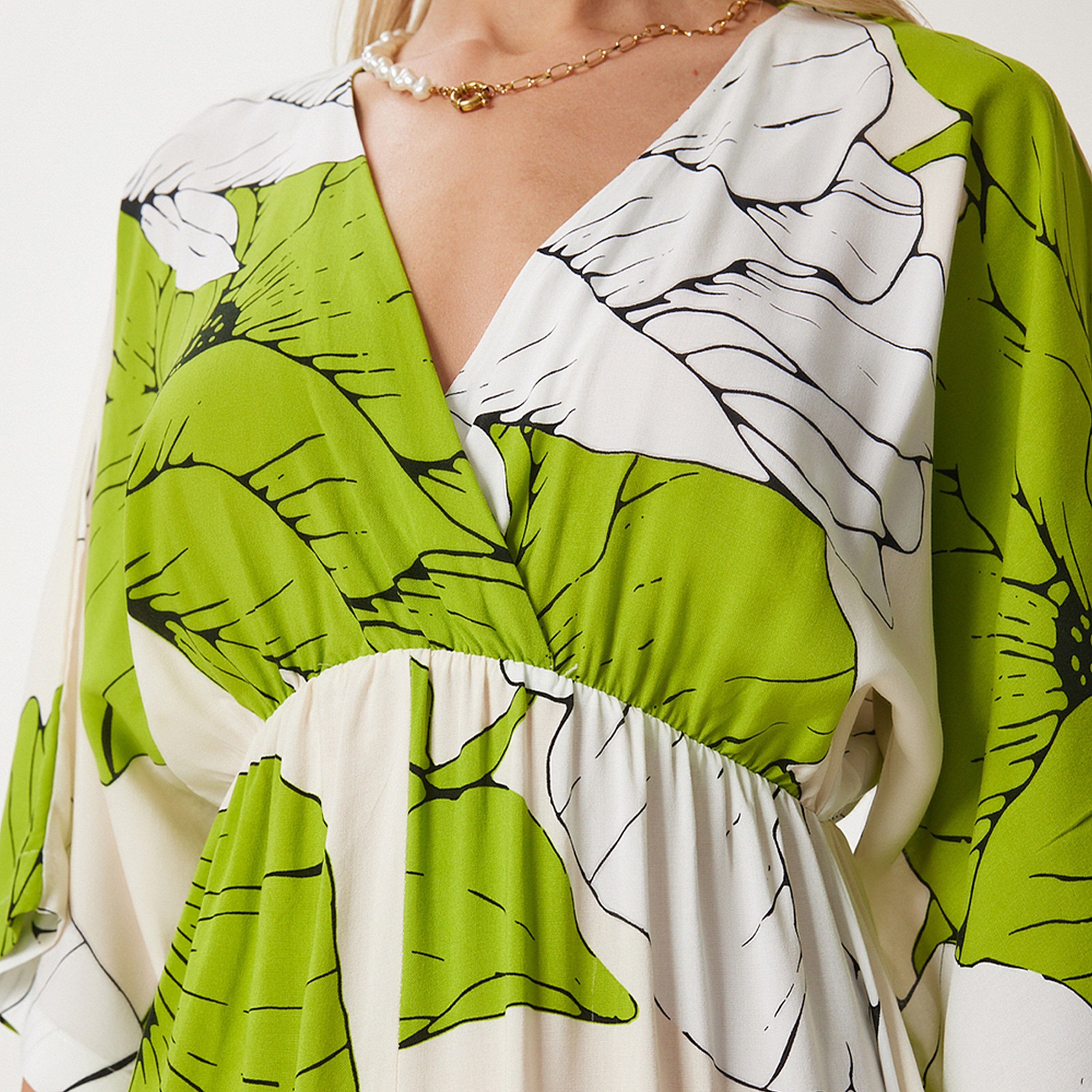 Happiness Istanbul Floral Print Viscose Wide Sleeves Slit Green Women's Midi Dress-women-clothing-dresses-image-5