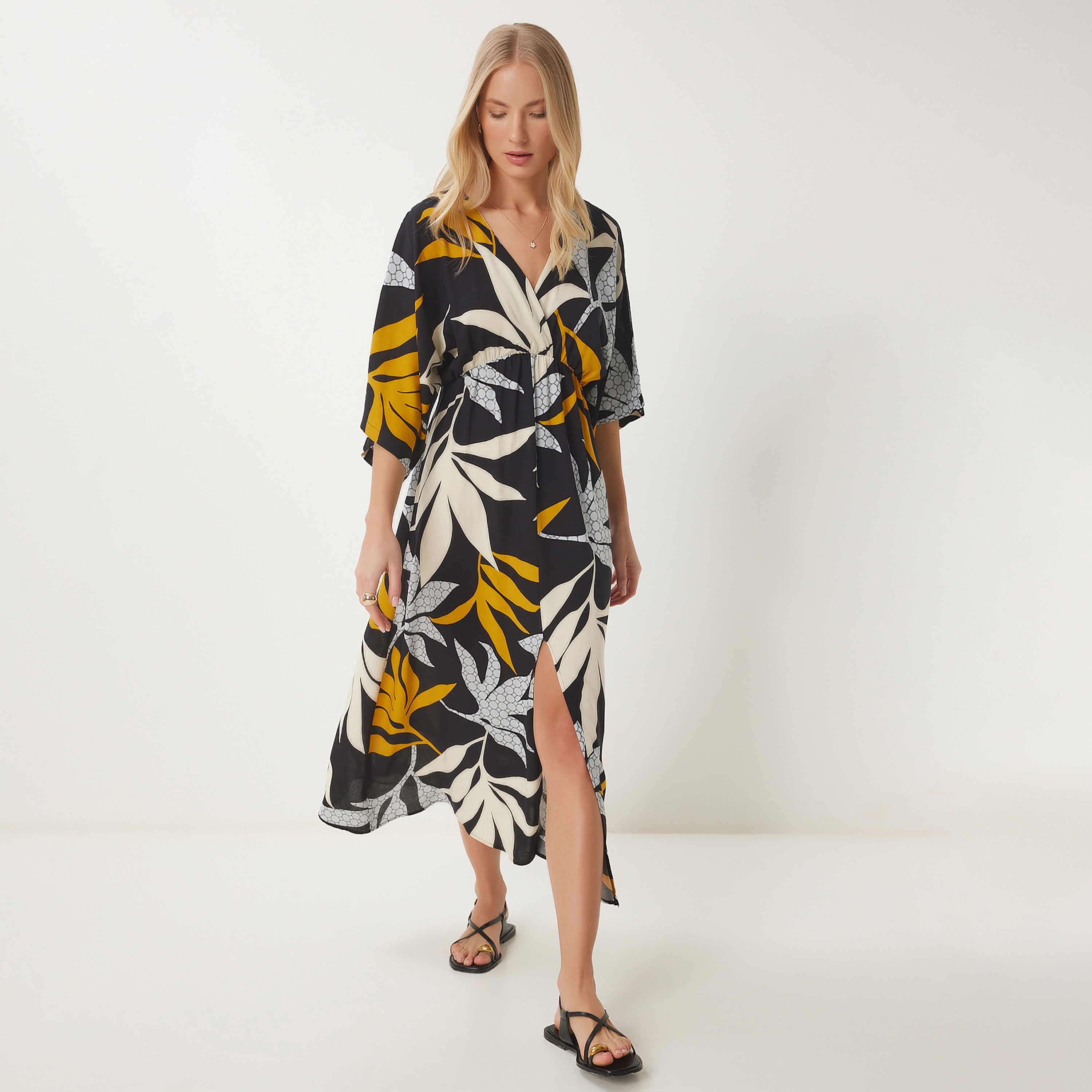 فستان نسائي بنقشة سوداء استوائية بياقة سوربليس، أكمام كيمونو مشقوقة ميدي-women-clothing-dresses-image-1
