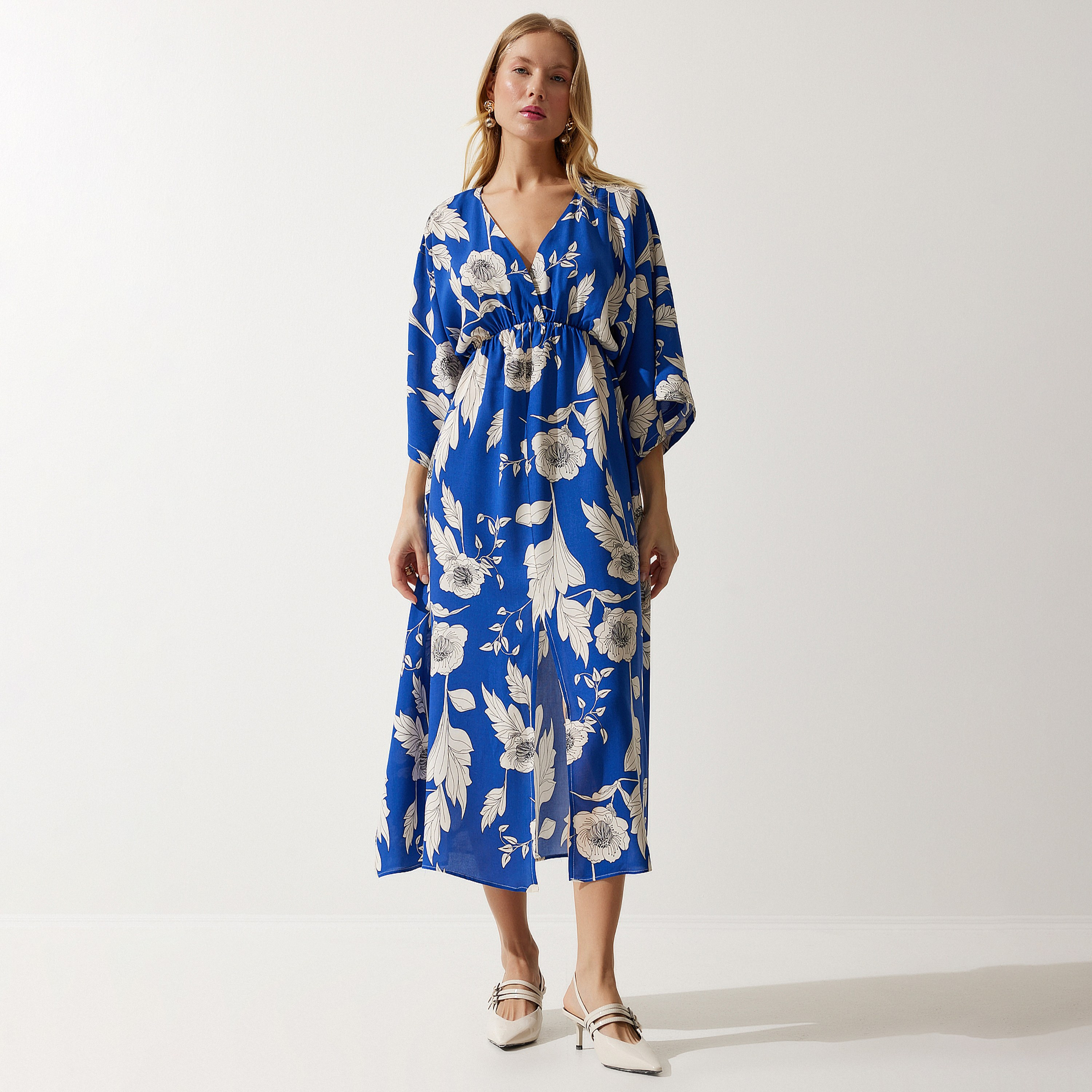 فستان نسائي ميدي أزرق مشقوق بطبعة زهرية من إسطنبول بطبعة زهرية لزجة وأكمام واسعة-women-clothing-dresses-image-1