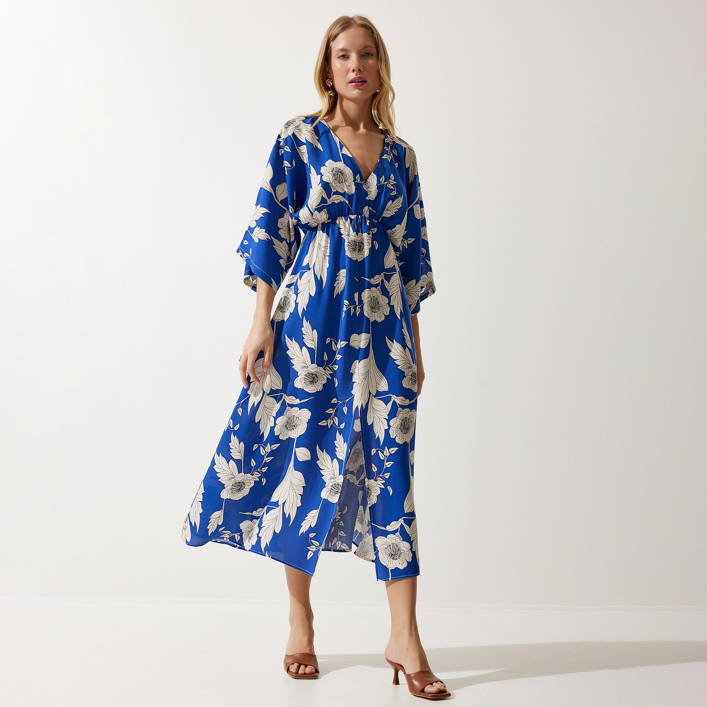فستان نسائي ميدي أزرق مشقوق بطبعة زهرية من إسطنبول بطبعة زهرية لزجة وأكمام واسعة-women-clothing-dresses-image-2