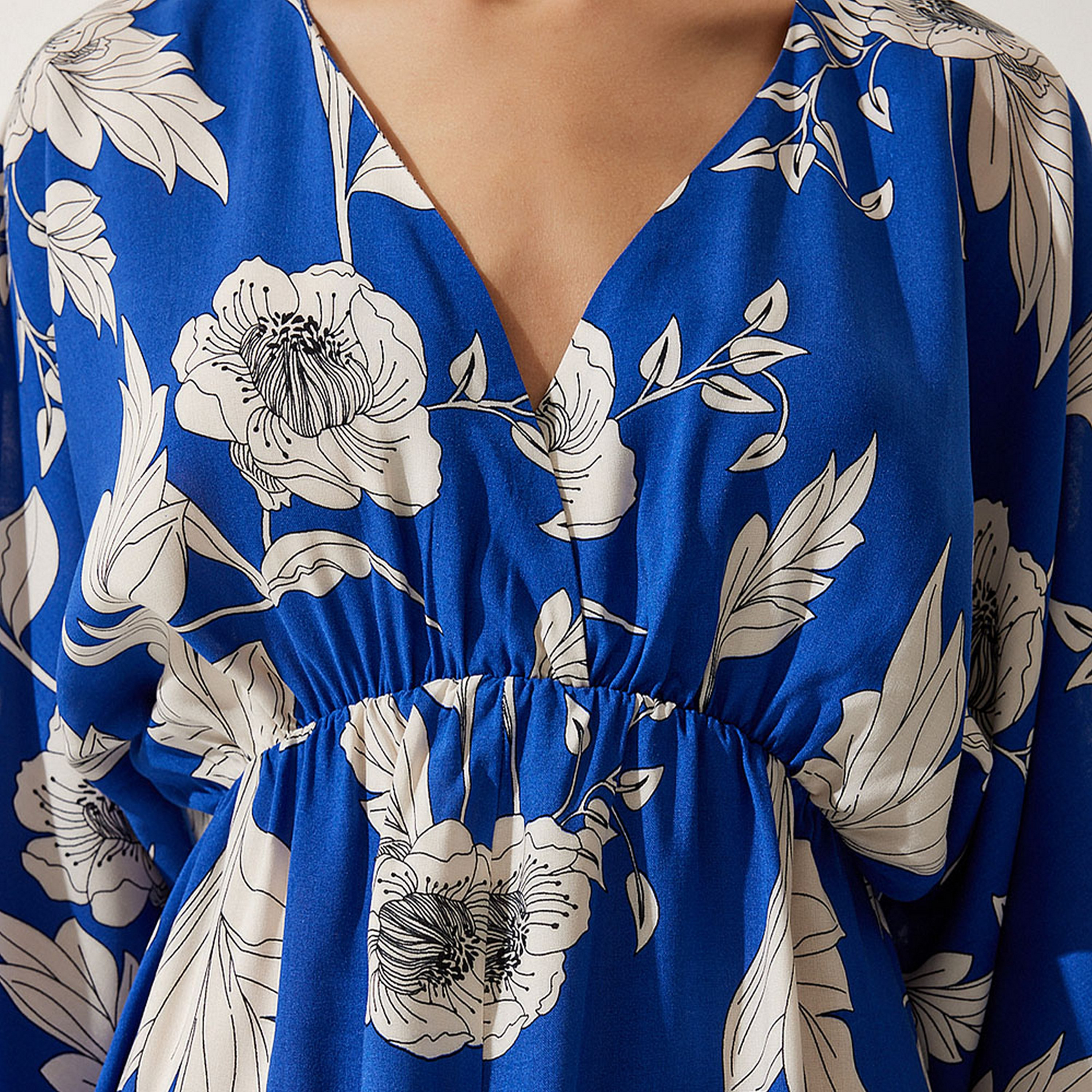 Happiness Istanbul Floral Print Viscose Wide Sleeves Slit Blue Women's Midi Dress-women-clothing-dresses-image-5