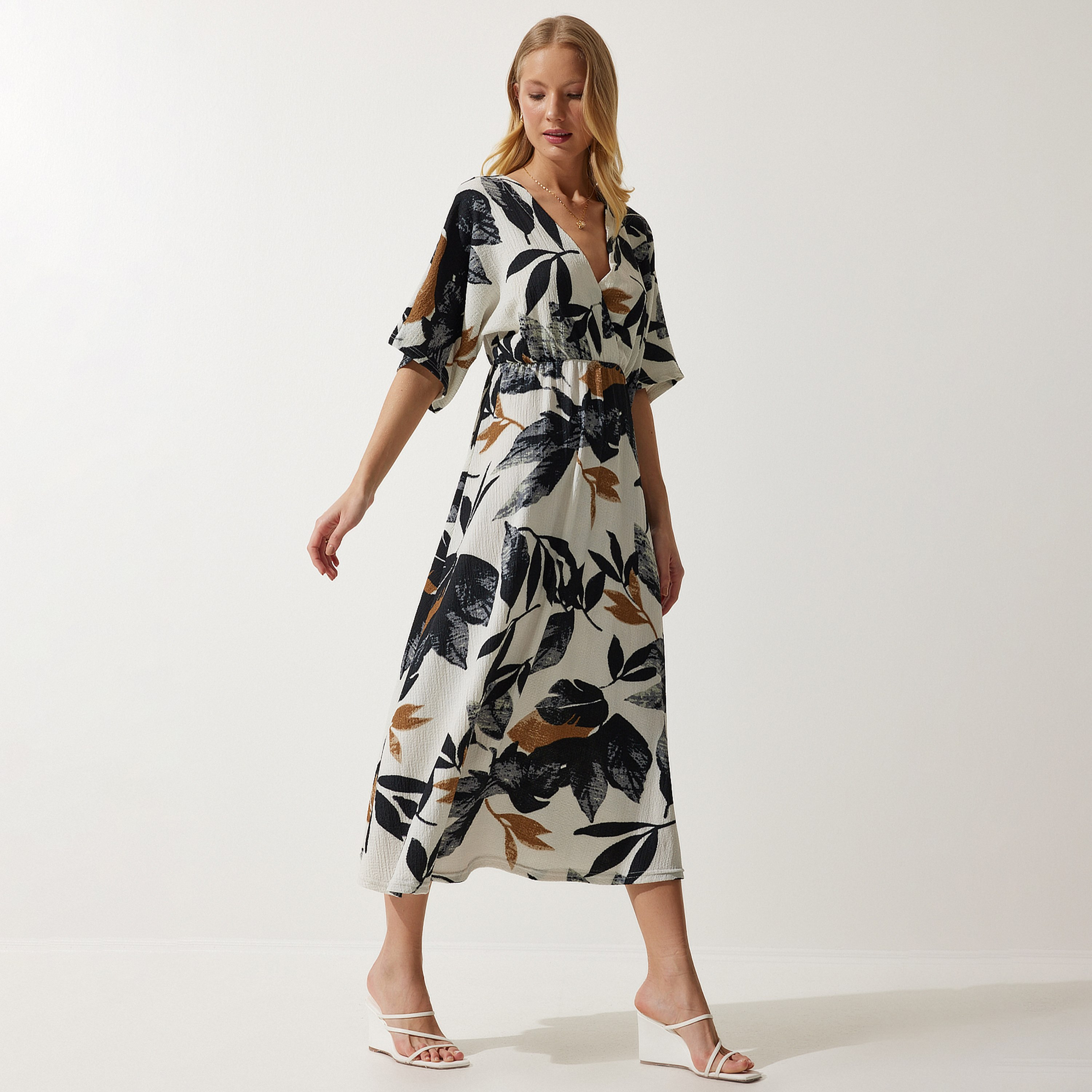 فستان ميدي نسائي بطباعة أوراق إسطنبول من سعادة إسطنبول-women-clothing-dresses-image-1
