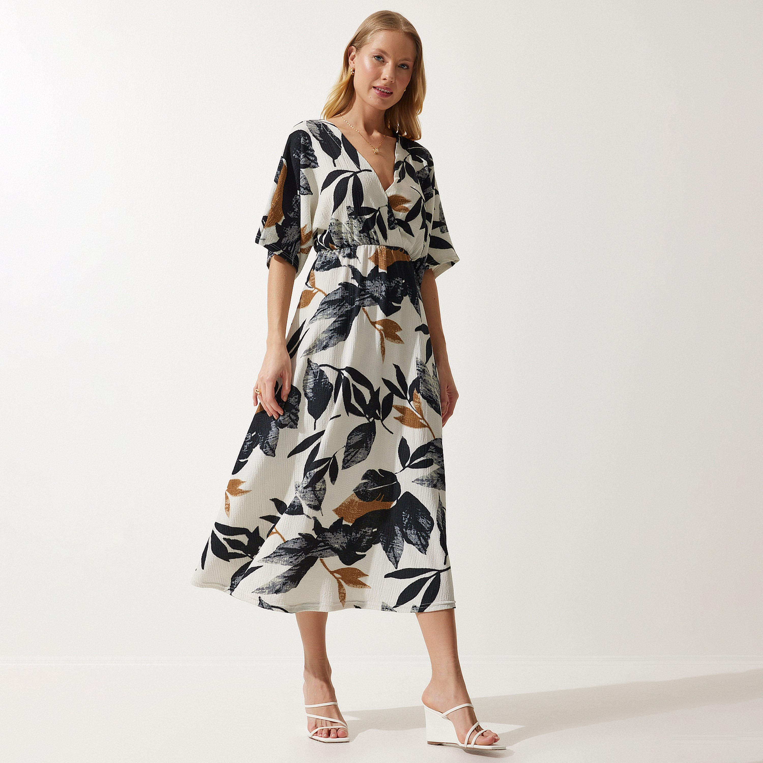 فستان ميدي نسائي بطباعة أوراق إسطنبول من سعادة إسطنبول-women-clothing-dresses-image-2