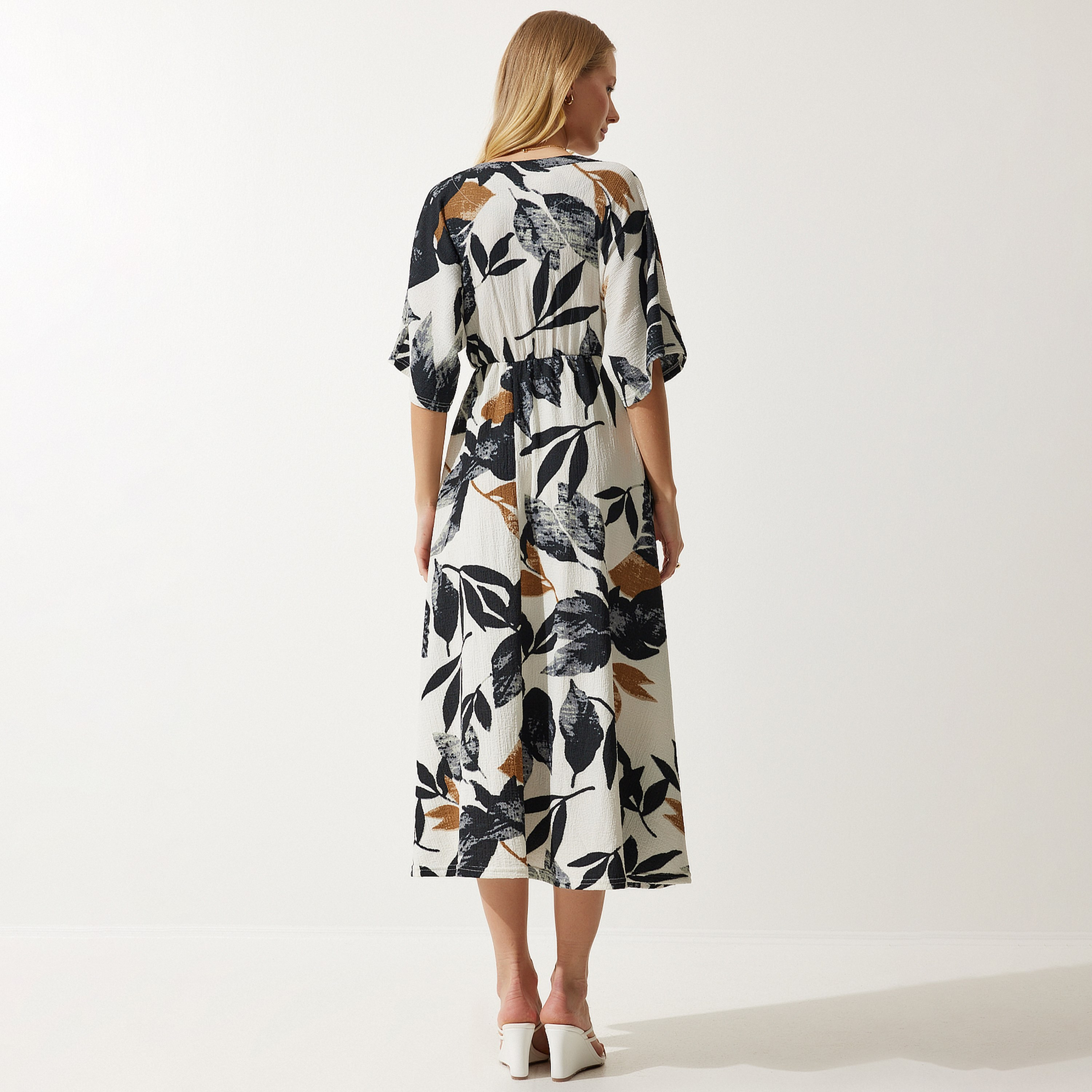 فستان ميدي نسائي بطباعة أوراق إسطنبول من سعادة إسطنبول-women-clothing-dresses-image-3