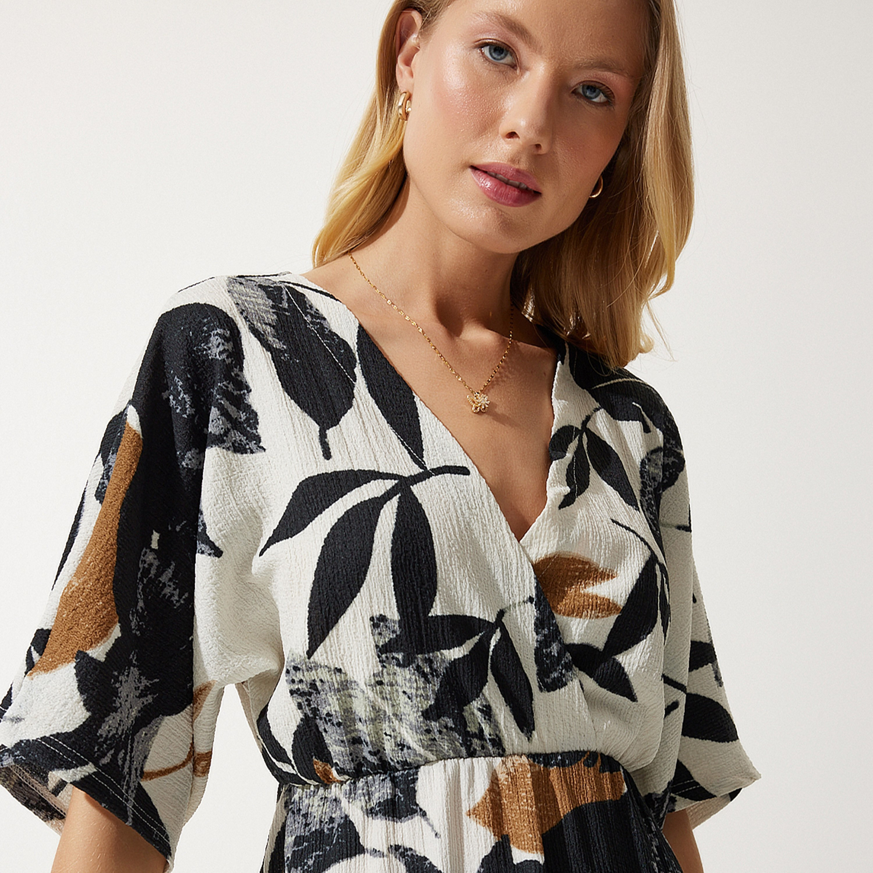 فستان ميدي نسائي بطباعة أوراق إسطنبول من سعادة إسطنبول-women-clothing-dresses-image-4