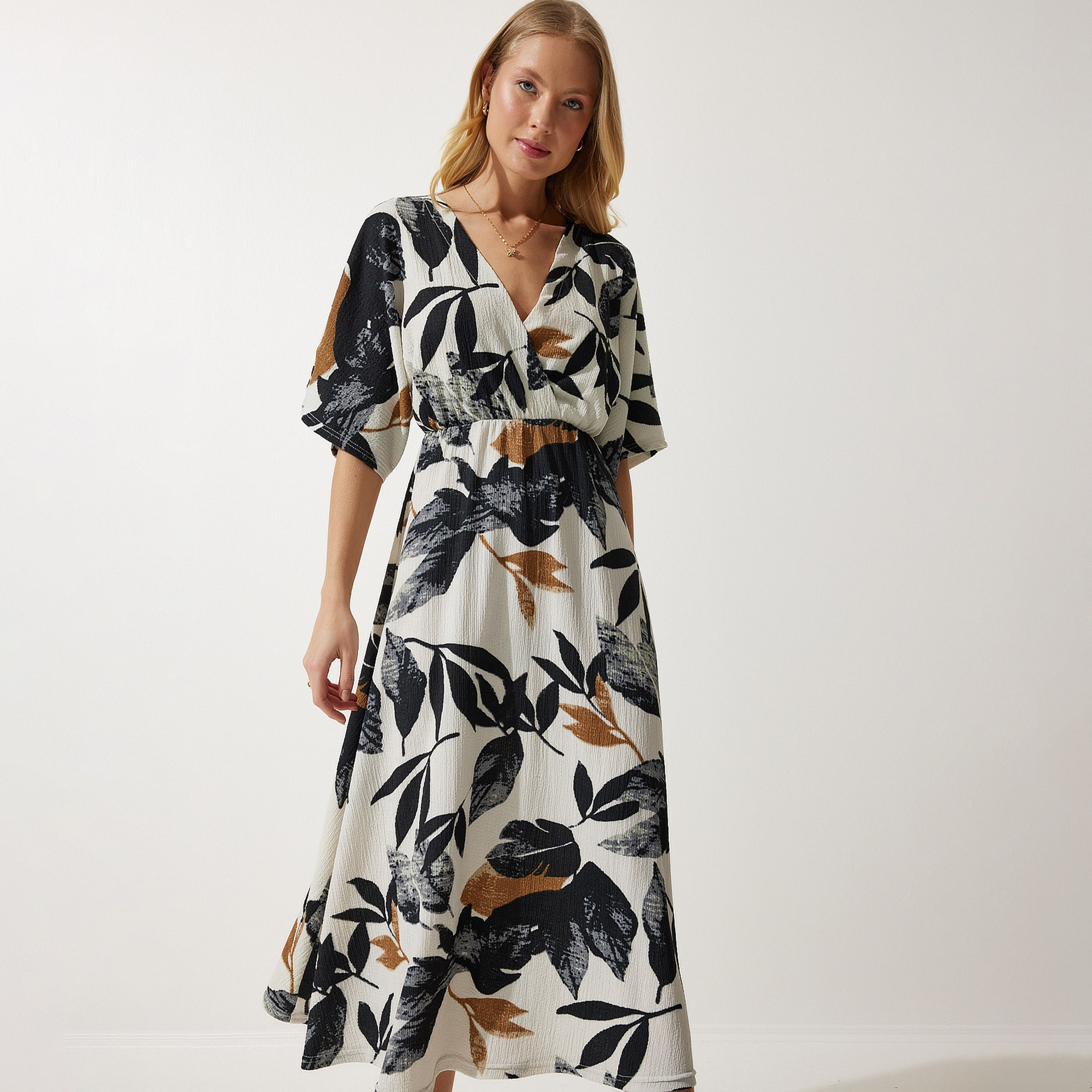 فستان ميدي نسائي بطباعة أوراق إسطنبول من سعادة إسطنبول-women-clothing-dresses-image-5