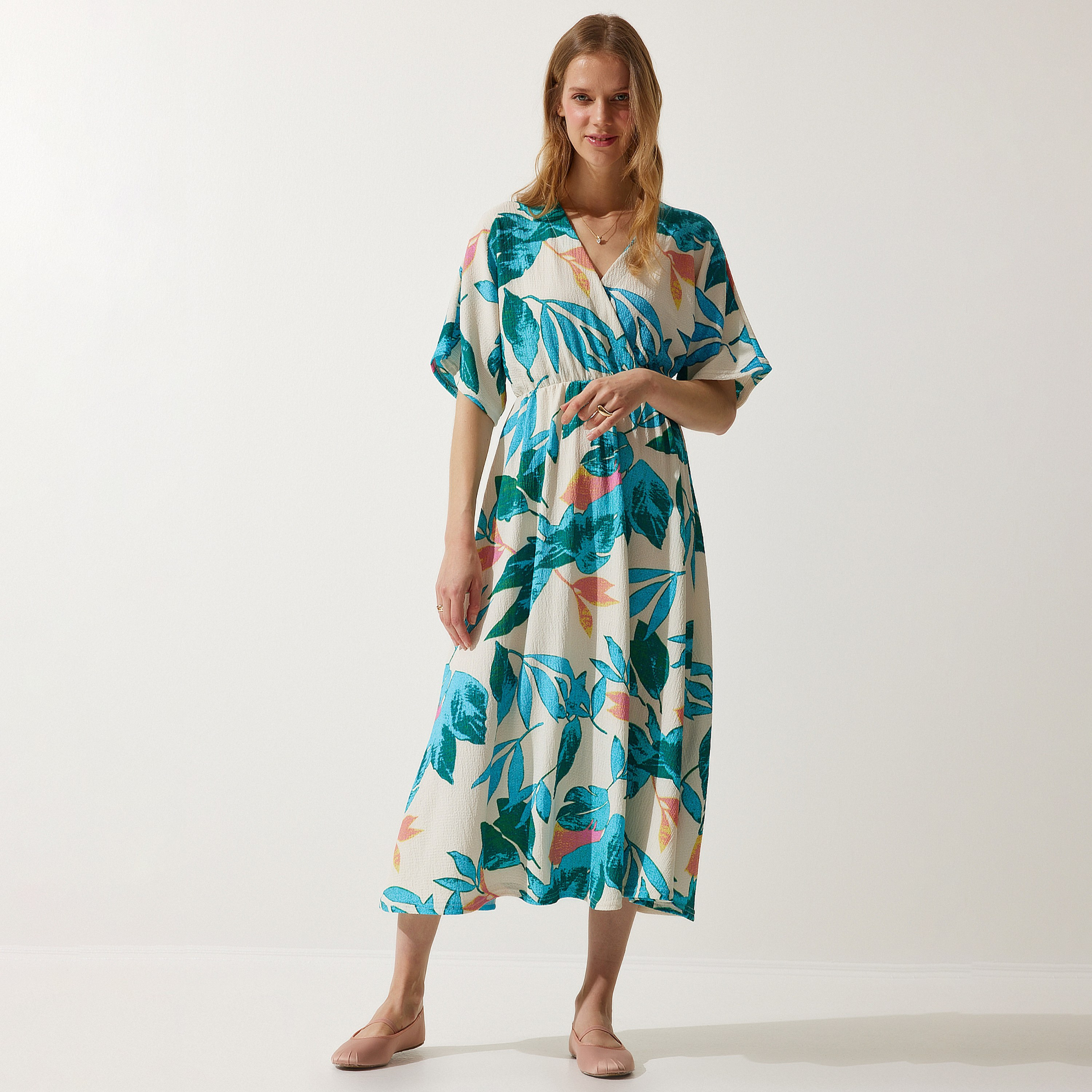 فستان نسائي ميدي أزرق بأكمام واسعة بطبعة نباتية من إسطنبول السعادة-women-clothing-dresses-image-1