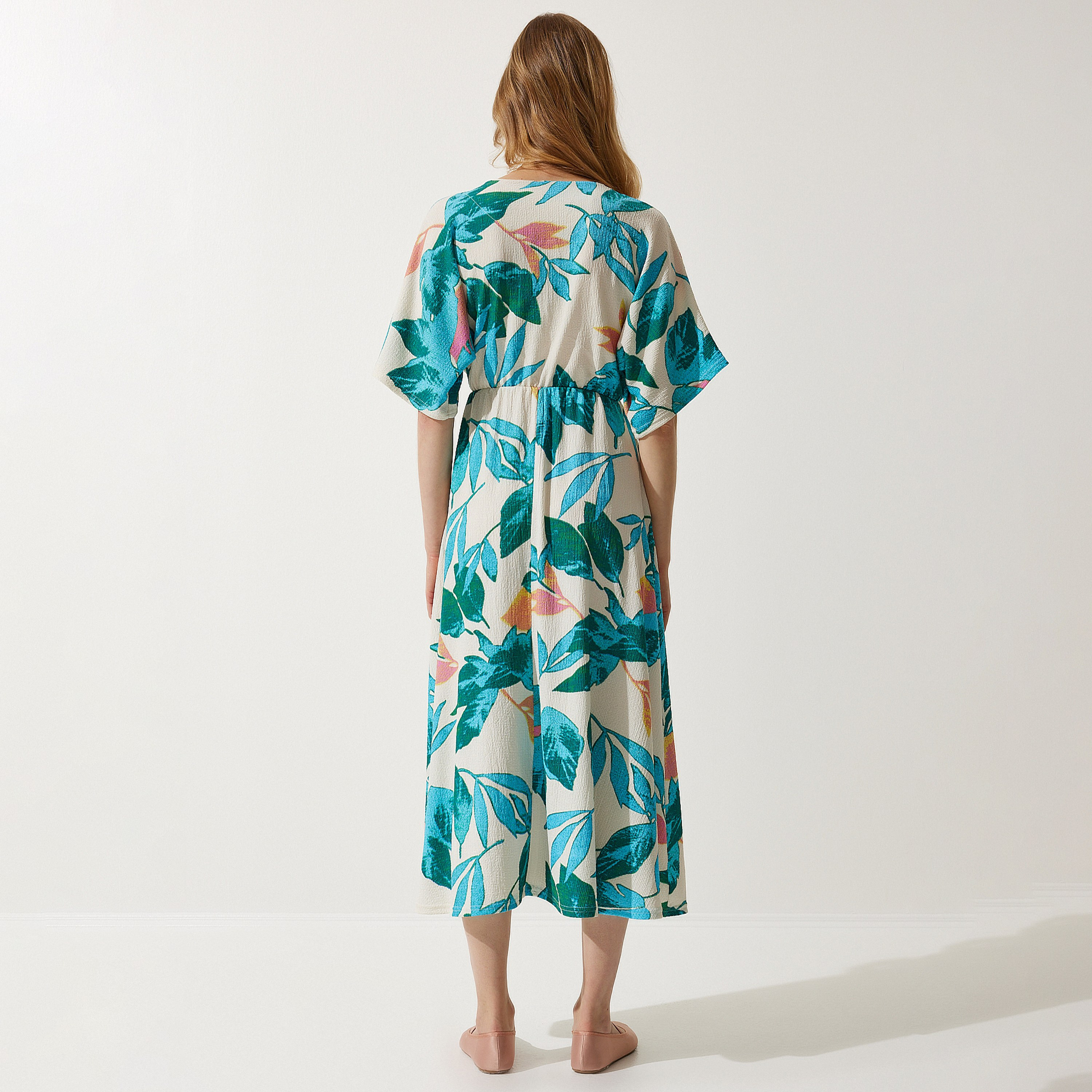 فستان نسائي ميدي أزرق بأكمام واسعة بطبعة نباتية من إسطنبول السعادة-women-clothing-dresses-image-3